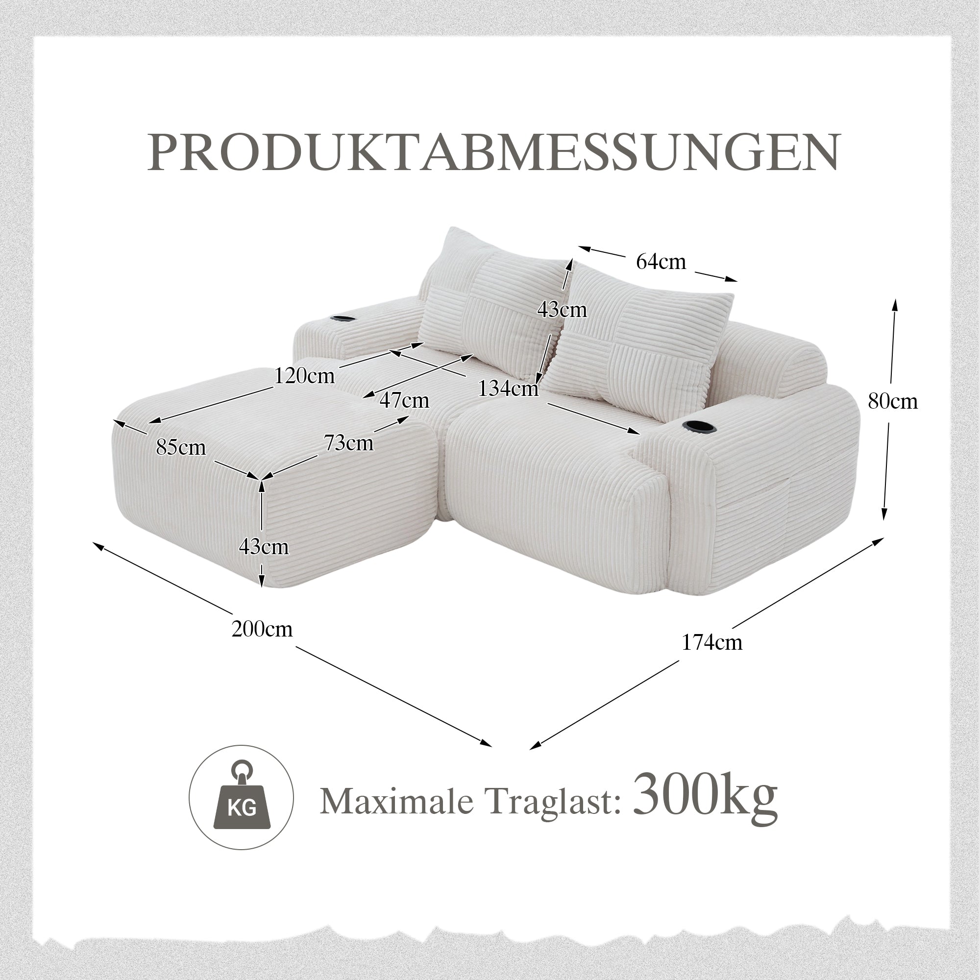 Modular Corduroy Sofa for 2 People with Ottomans, Cup Holder and Side Pocket, Beige