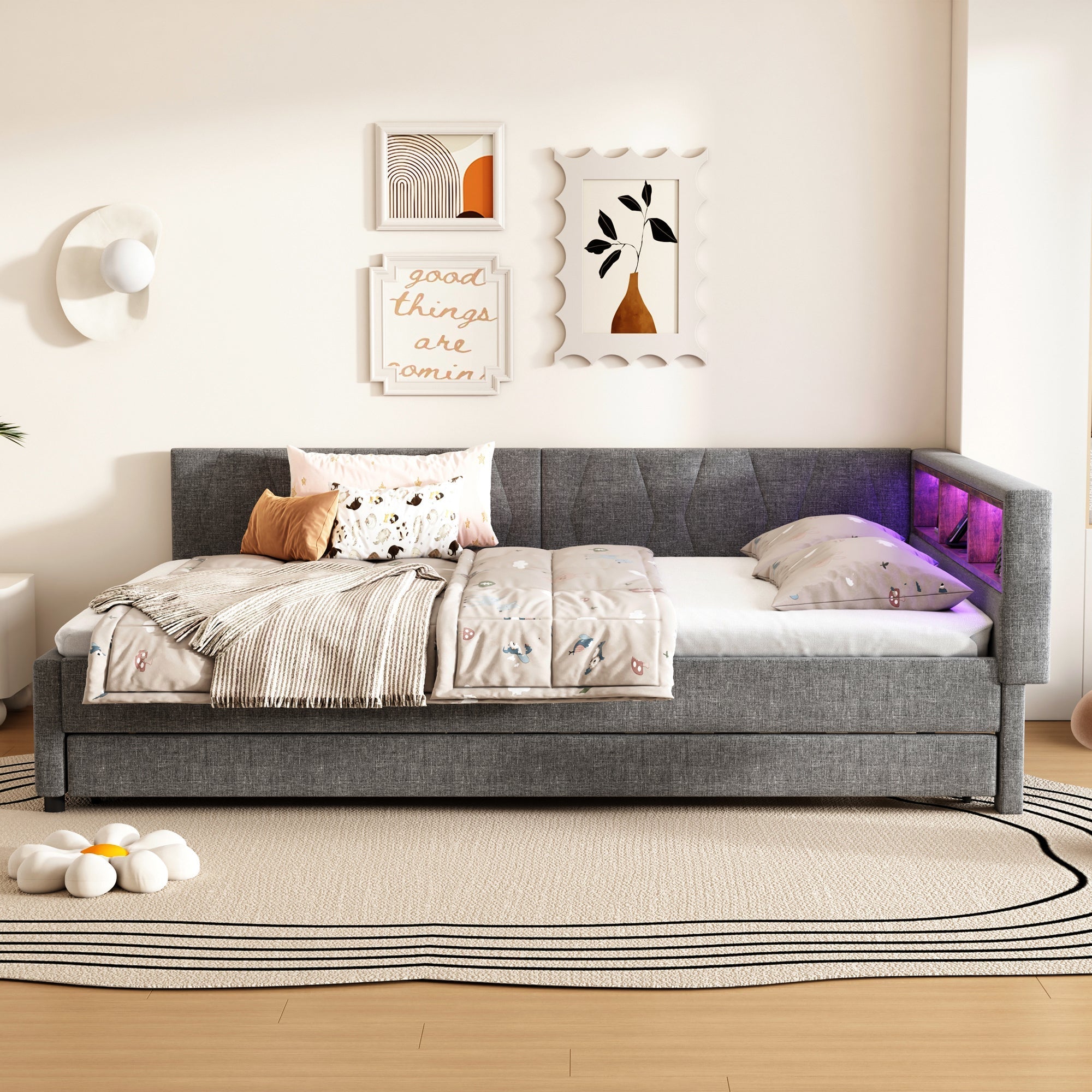 Daybed 140x200cm with Pull-out Bed, Storage, USB and LED, Grey Linen