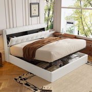 Fashion Upholstered Double Bed Hydraulic Storage with Headboard and Slats, PU Cream White