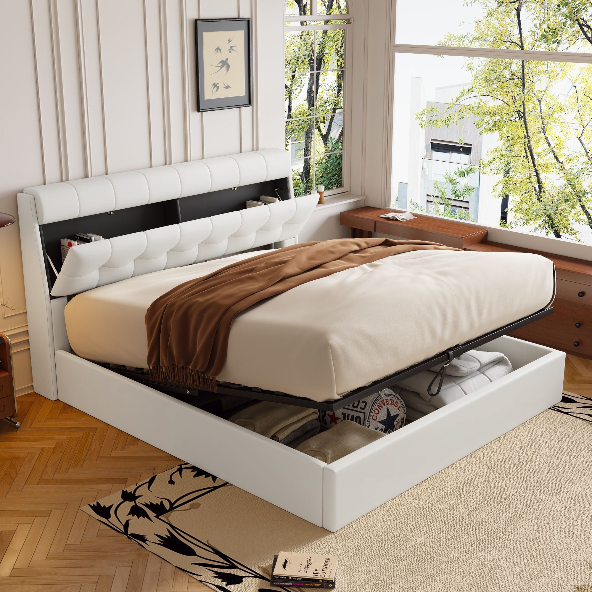 Fashion Upholstered Double Bed Hydraulic Storage with Headboard and Slats, PU Cream White