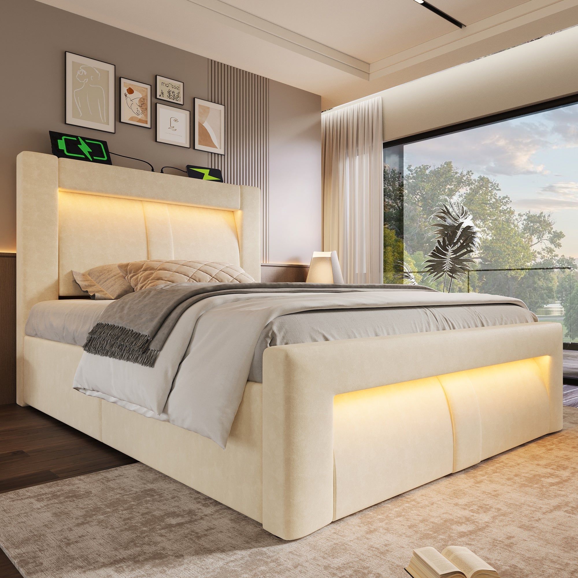 Single Bed 90x200 cm with Hydraulic Storage, LED Lighting, USB Ports and Mattress, Beige Velvet