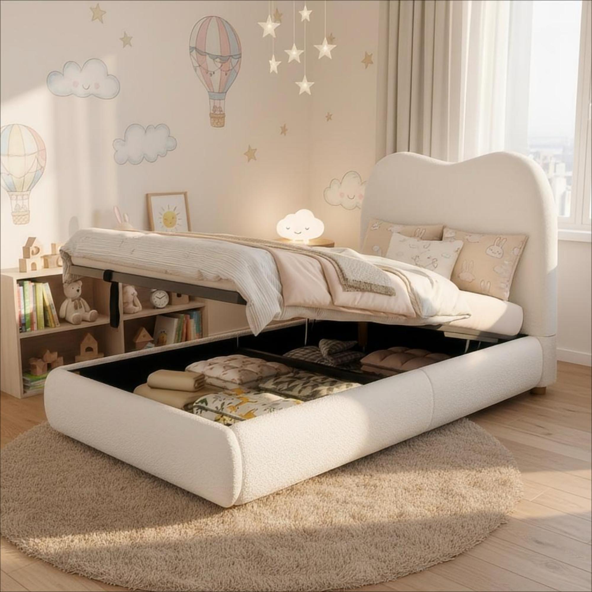 Upholstered Children's Single Bed with Hydraulic Storage and Slatted Frame, 90x200cm, Beige Bouclé