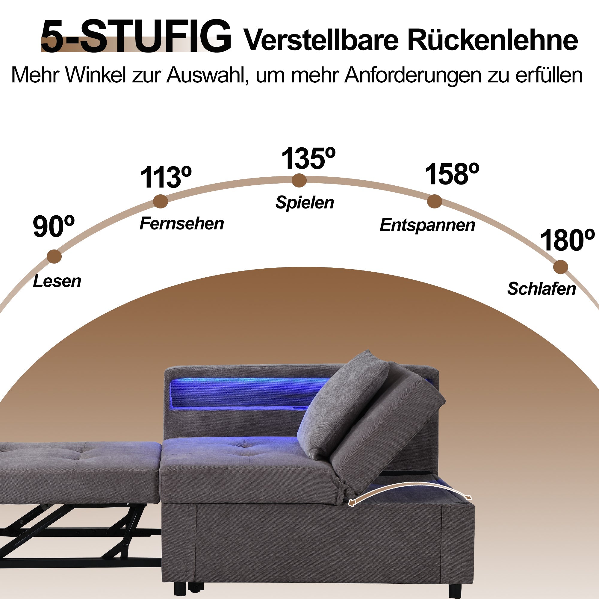 Upholstered Sleeper Sofa, 3-in-1 Multifunctional LED USB Ports, Linen Fabric