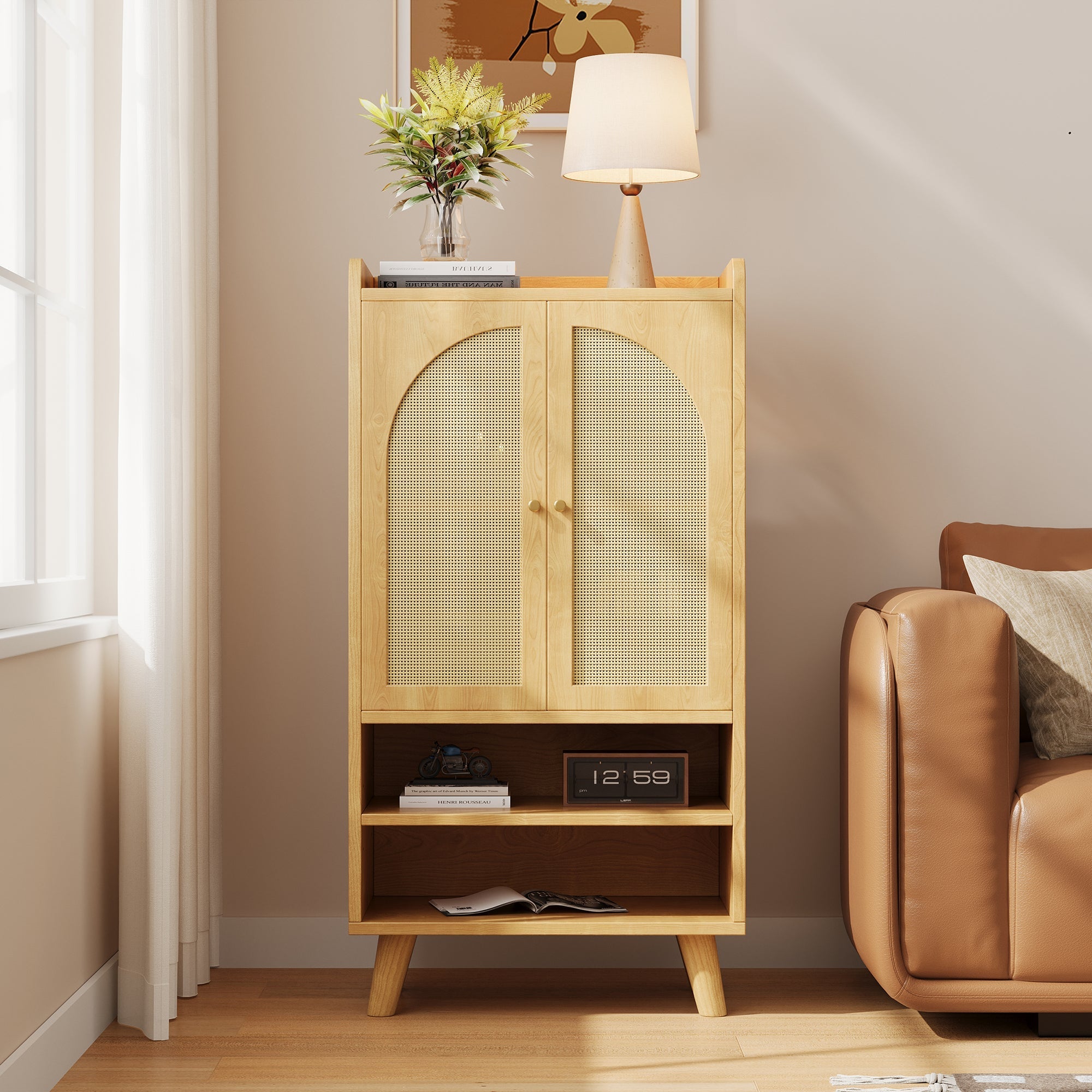 Rattan Sideboard Highboard with 2 Doors and Open Storage Rattan
