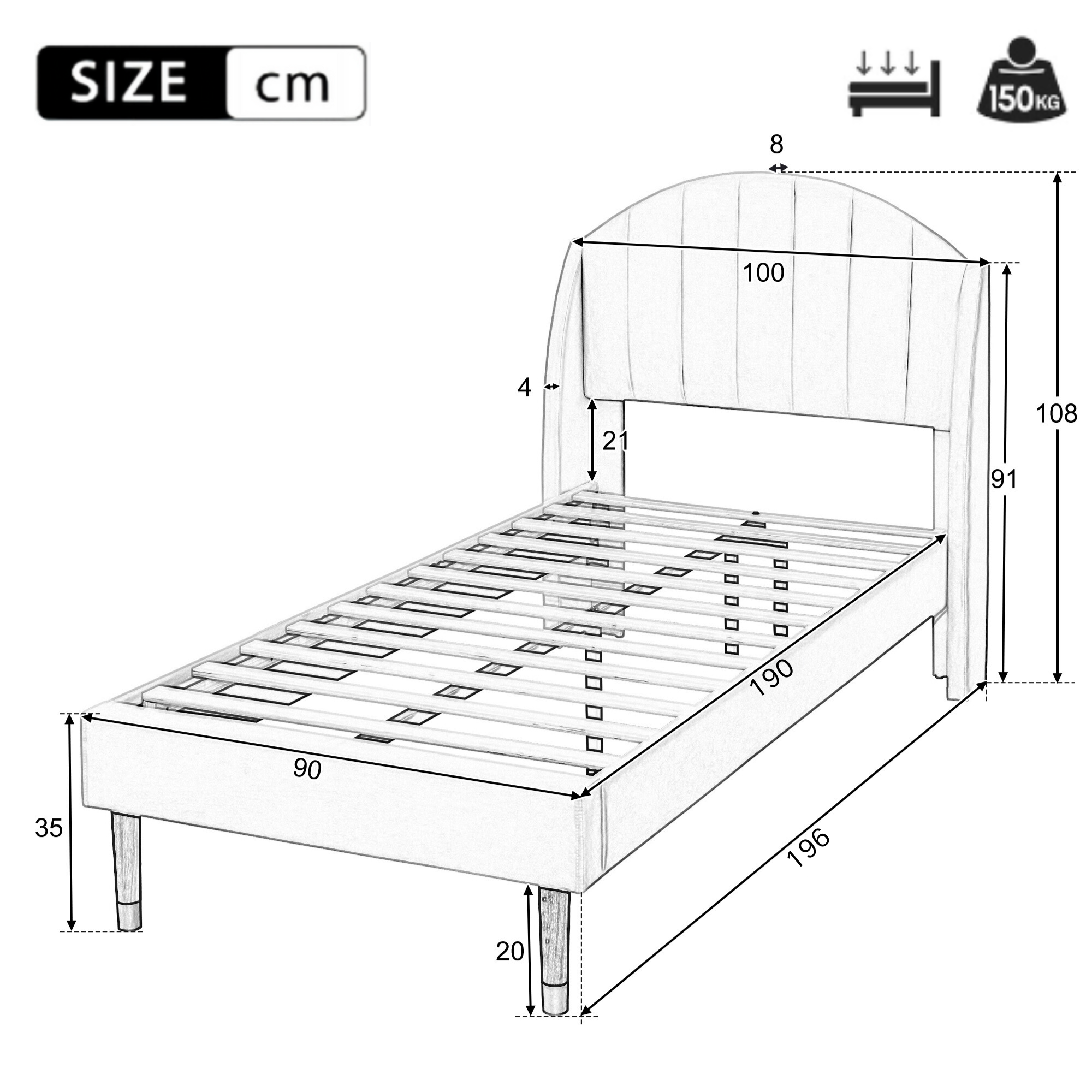 Upholstered bed, Single Bed - 3ft (90*190cm) with Slatted Frame and Headboard, Beige Velvet