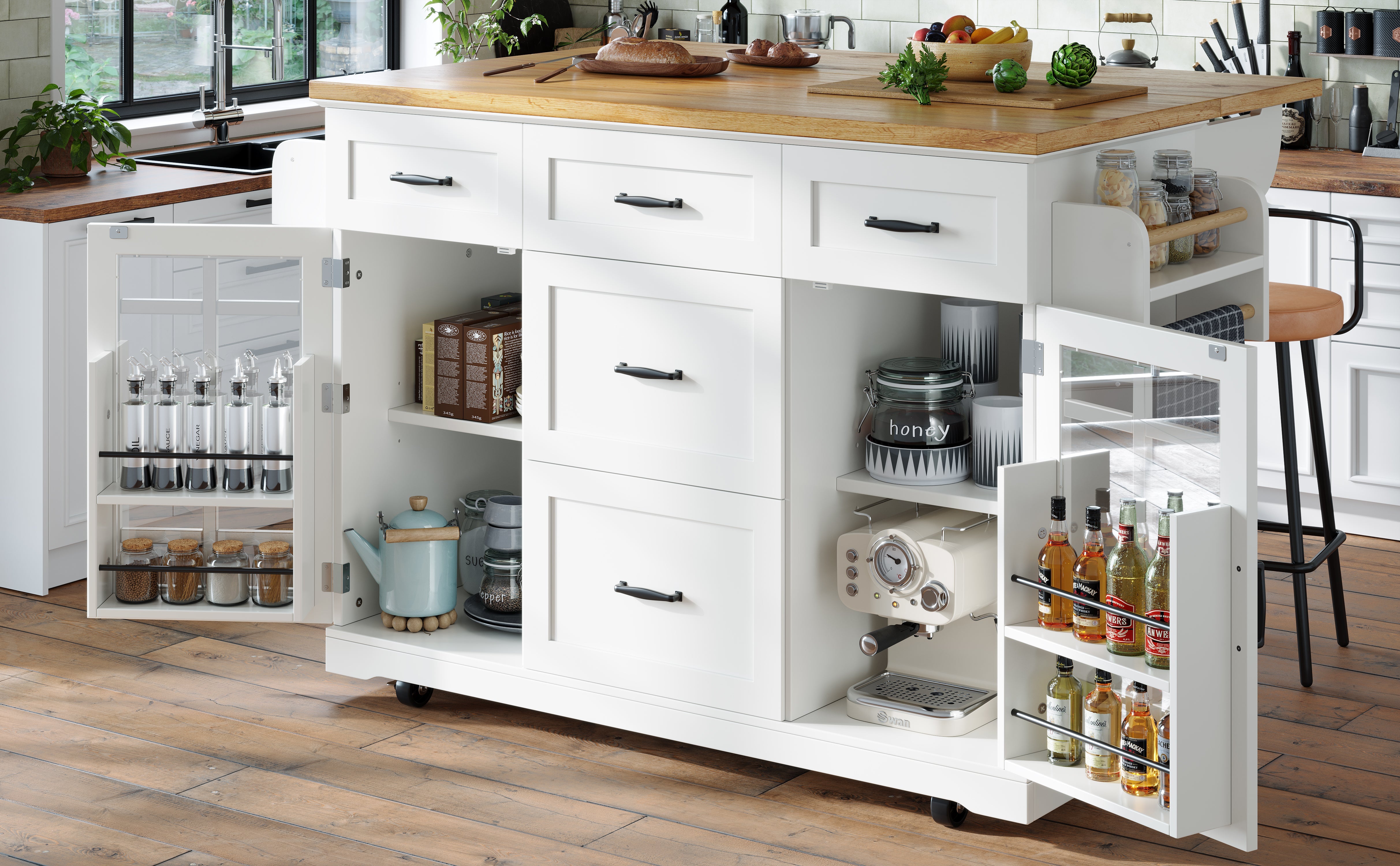 Kitchen Island, Mobile Serving Trolley with 2 Doors, 5 Drawers & Adjustable Shelves, White