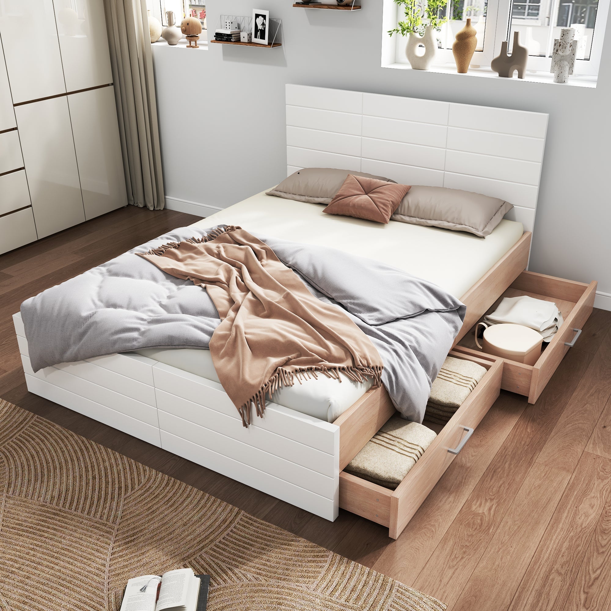 Double Wooden Bed, 140x200cm with 2 Drawers, Oak/White
