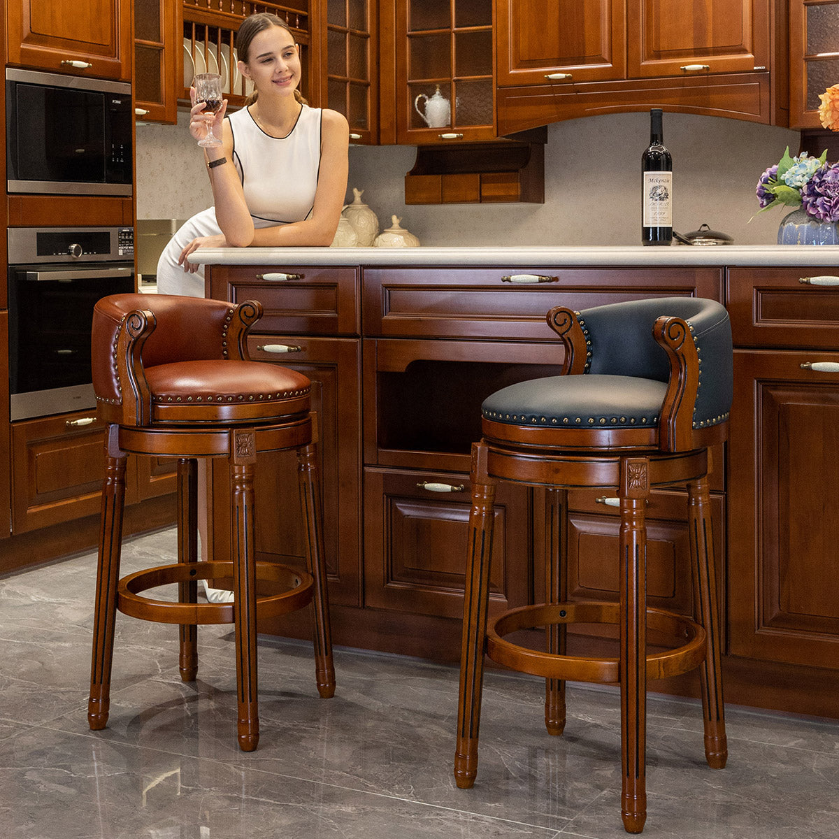 Bar Stools 360° Swivel with Backs Bar Counter Height - Cow Top Leather Wooden