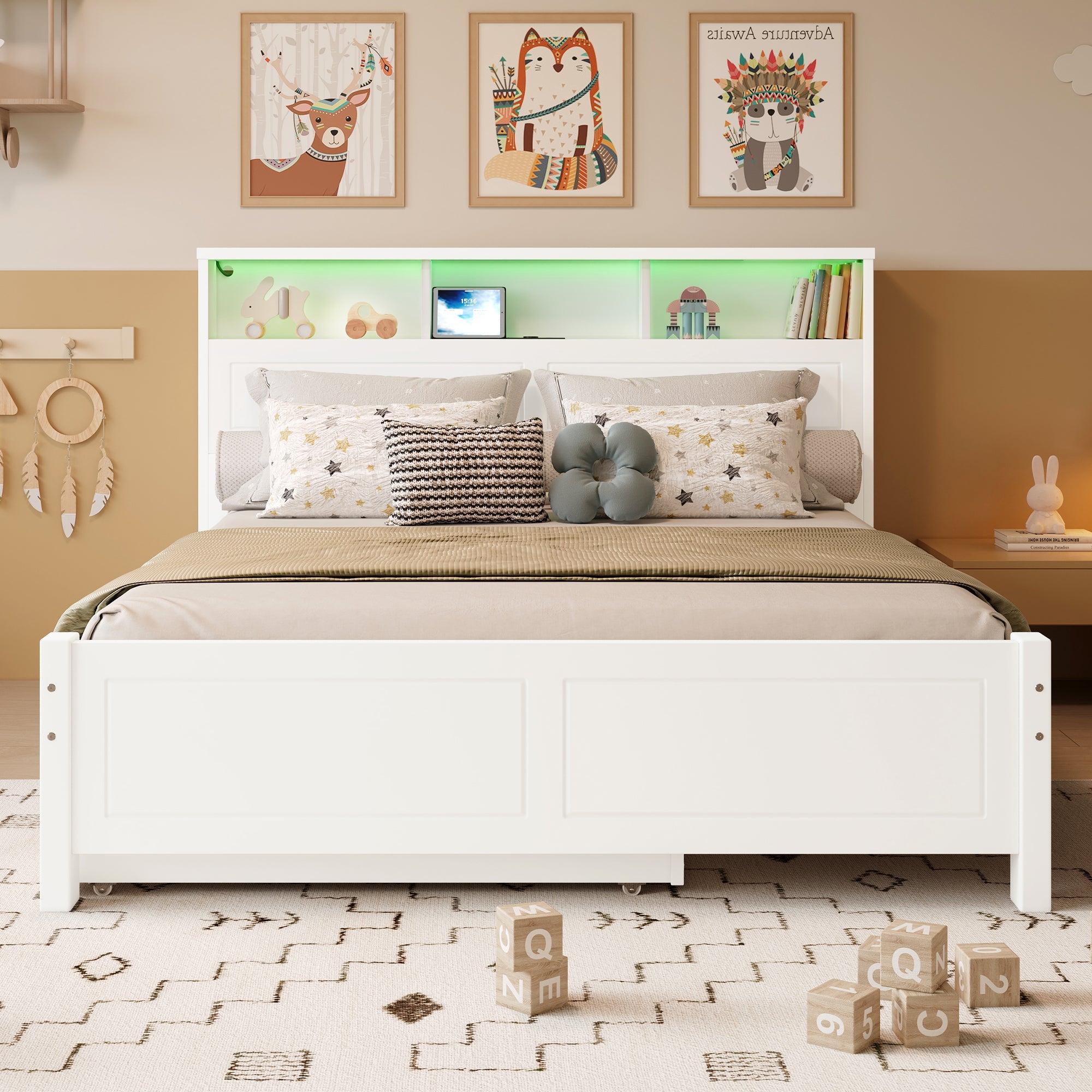 Double Bed with Pull-out LED/USB Storage, Pine+MDF White