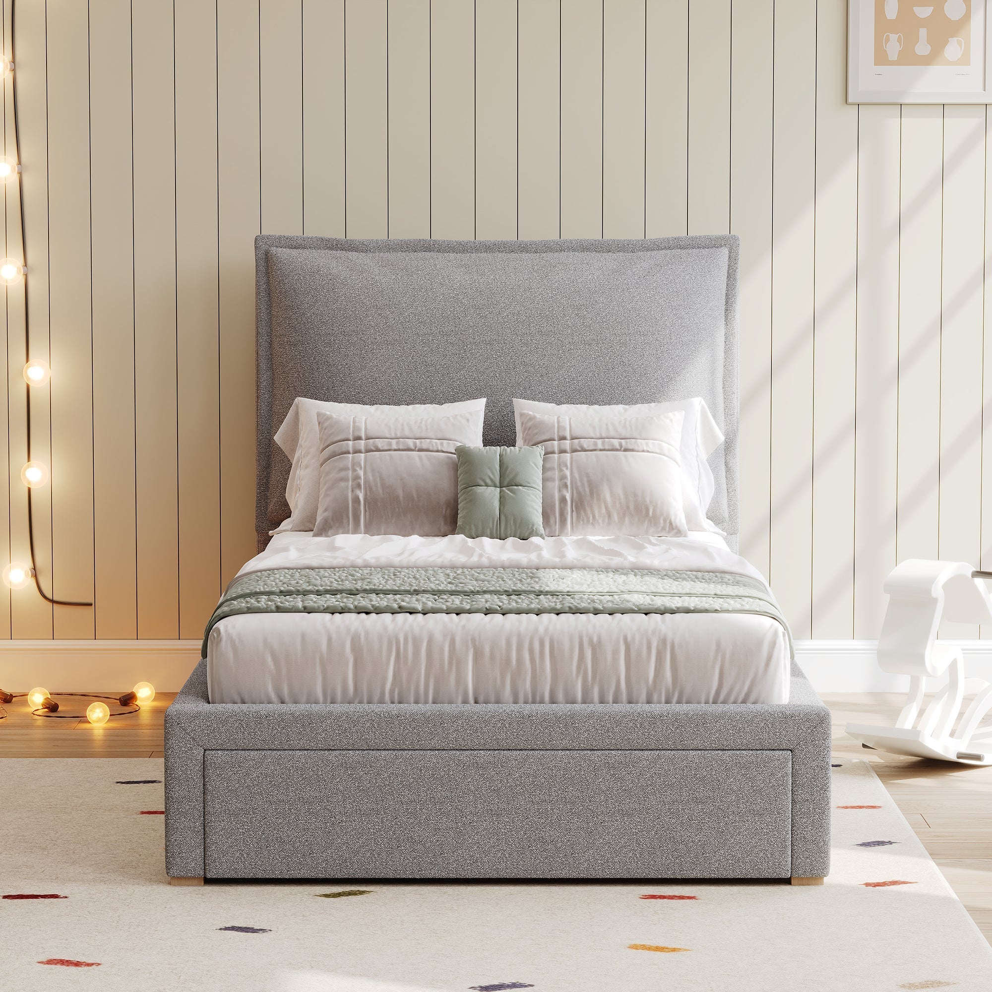 Upholstered Bed, Functional Storage Slatted Frame, Chenille Gray