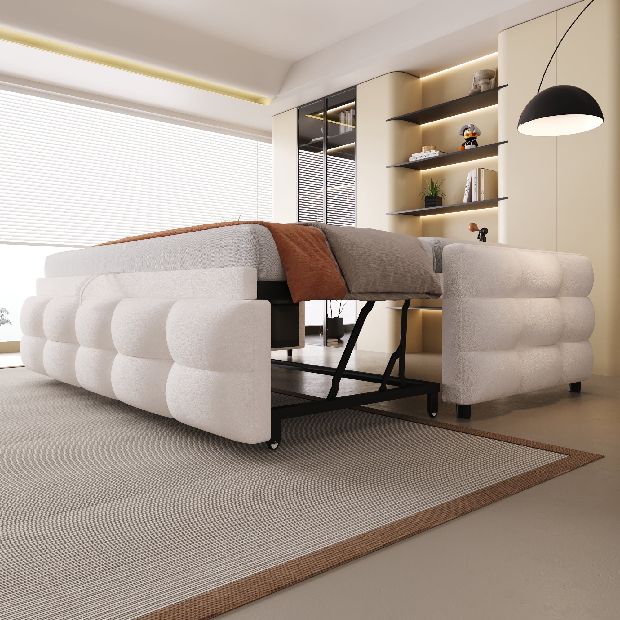 Extendable Upholstered Sofa Bed with Slatted Frame and 90/180x190cm Mattress Support, Beige Teddy Velvet