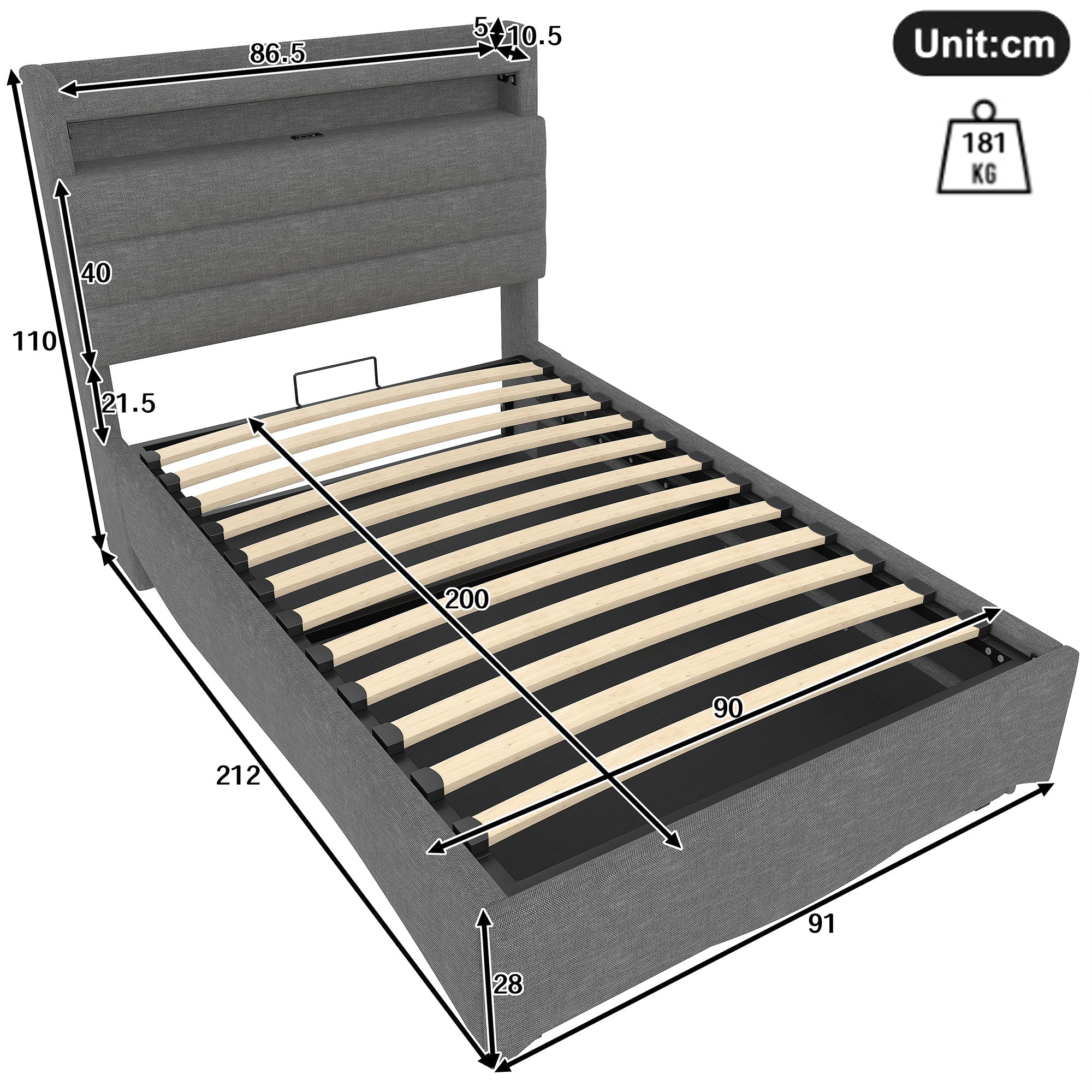 Upholstered Bed with LED Lighting, Hydraulic Storage and USB Ports, Grey Linen Fabric