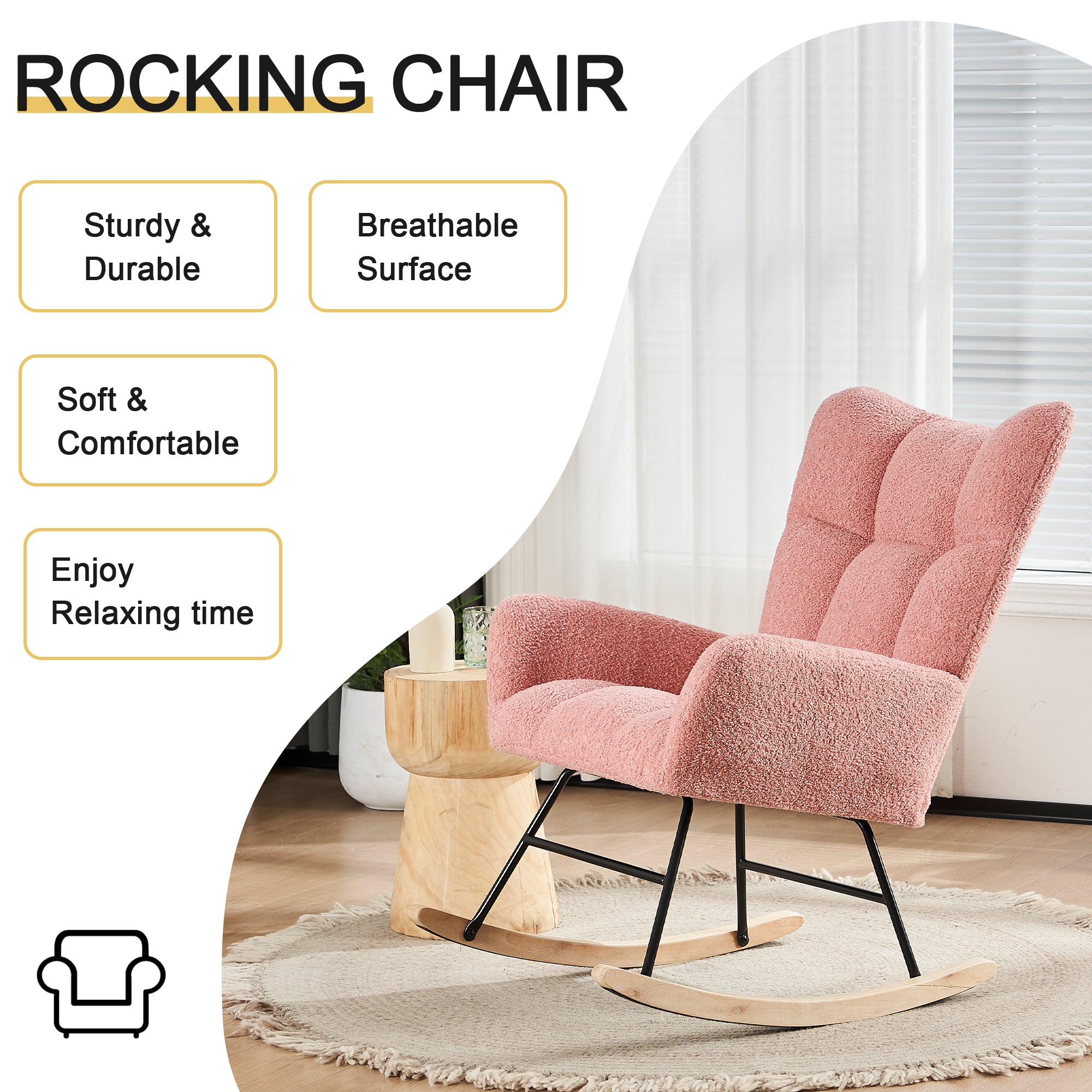 Rocking Chair Modern High Back Armrests - Pink