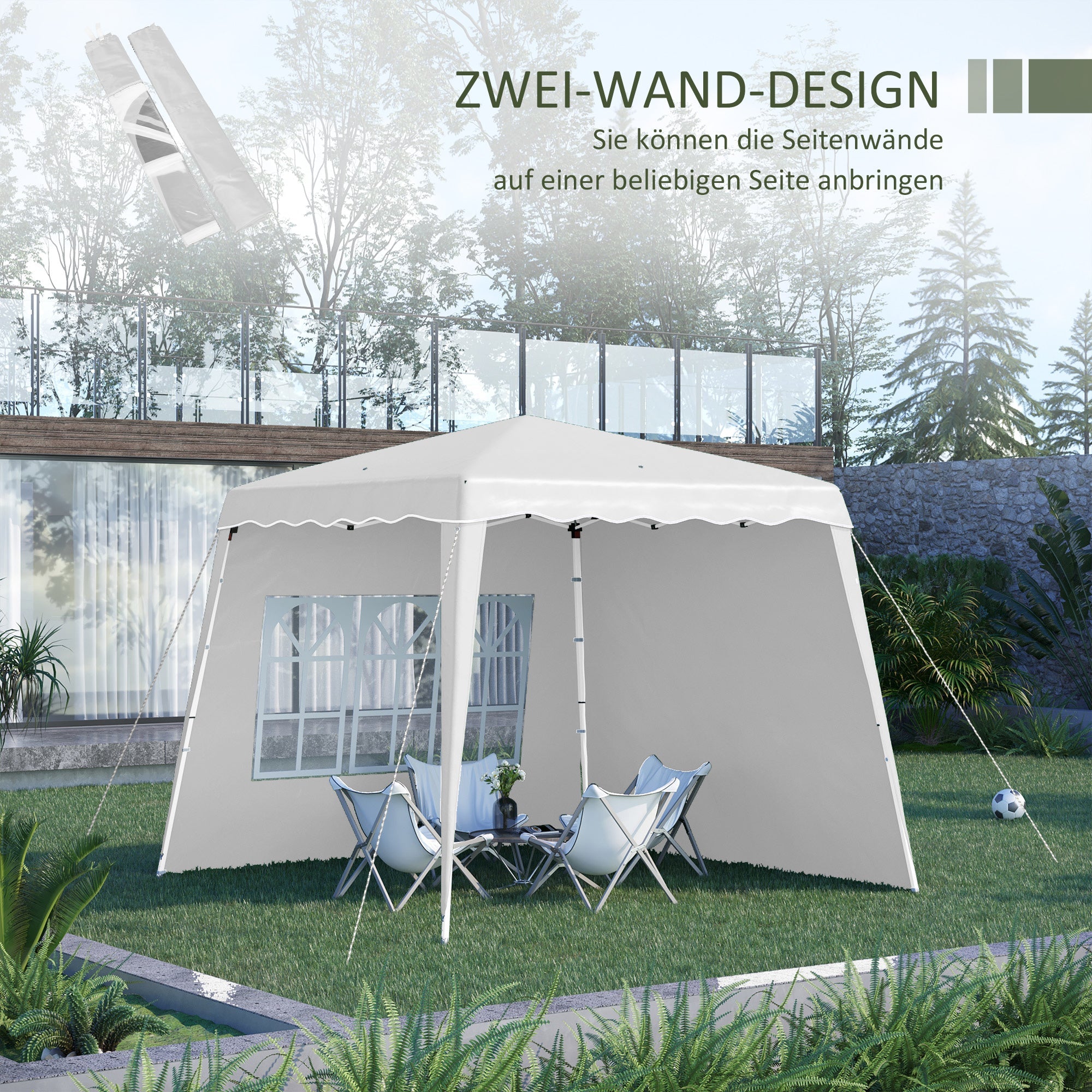 Folding Gazebo, 2.4 x 2.4m, Side Wall, Height-Adjustable, UV Protection, White