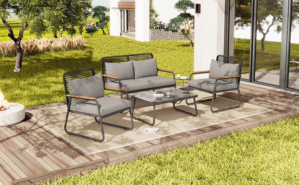 Garden Lounge Set 4-Seater Galvanized Iron Frame Tempered Glass - Grey