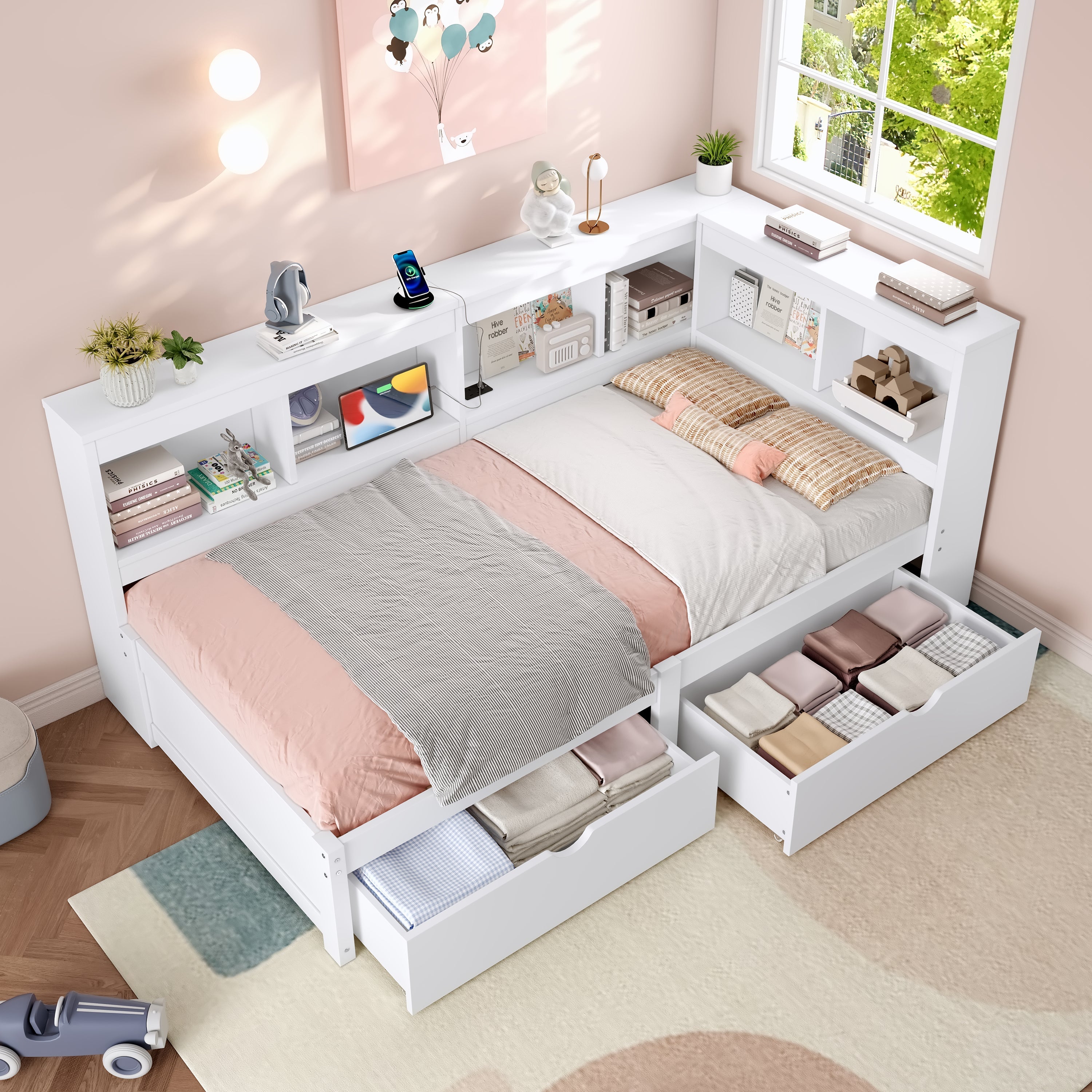 3ft Single L-Shape Daybed with Two Storage Drawers, Bookcase Storage, and Charging Station, Wood White