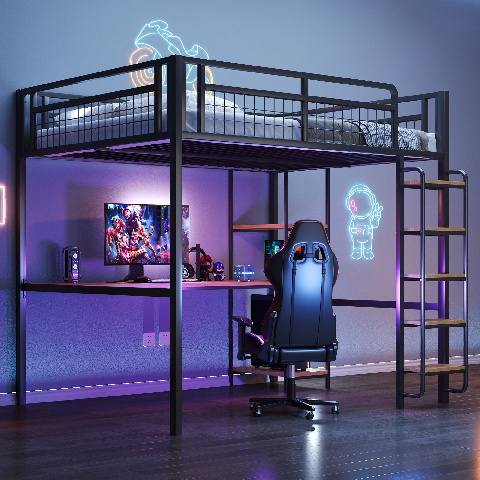 Metal Loft Bed, 140x200 cm with Ladder, Desk & Shelf, Black