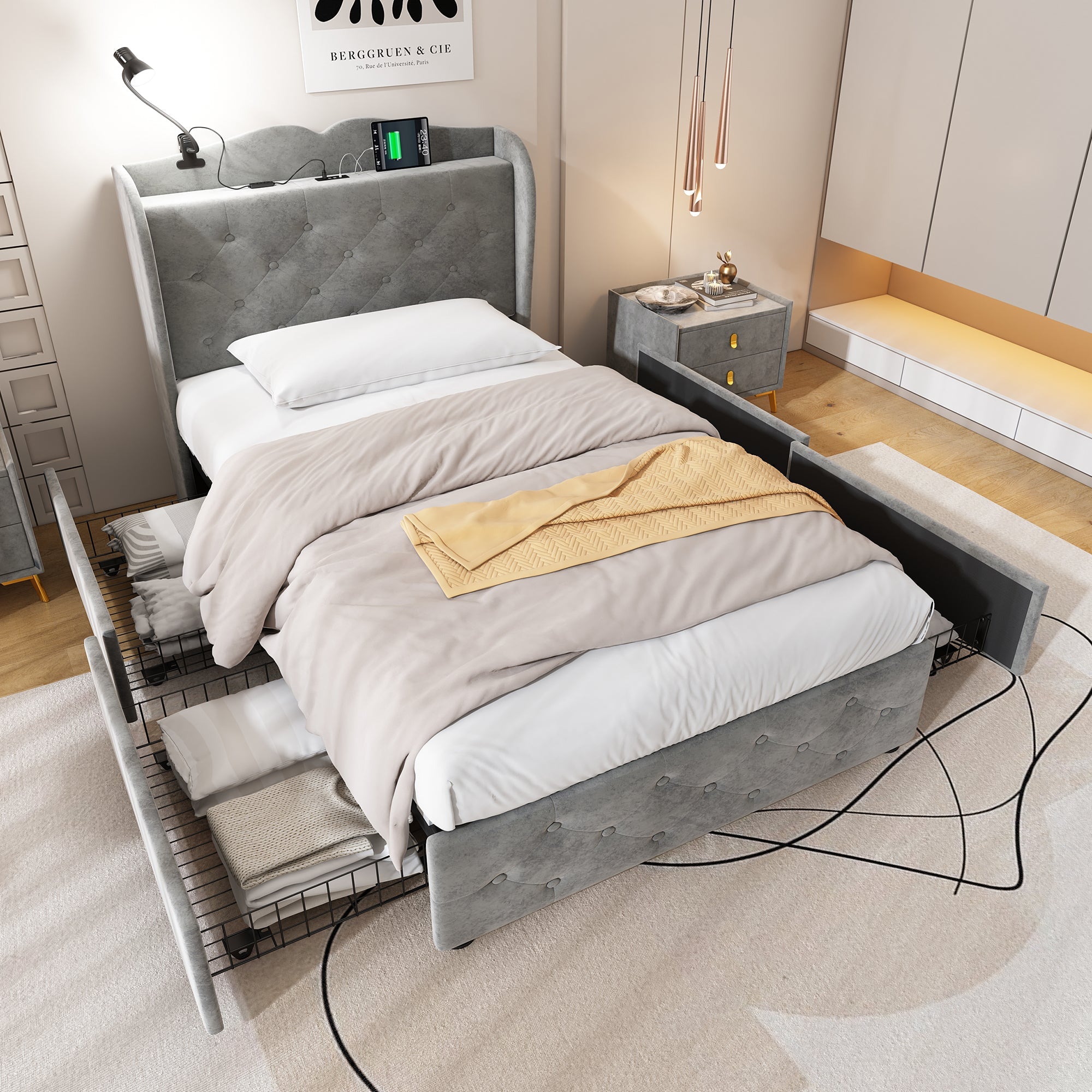 Upholstered Storage Bed, 3FT Single 90x190cm with 4 Drawers, Lamp, USB-A & USB-C Ports, Durable, Velvet Grey