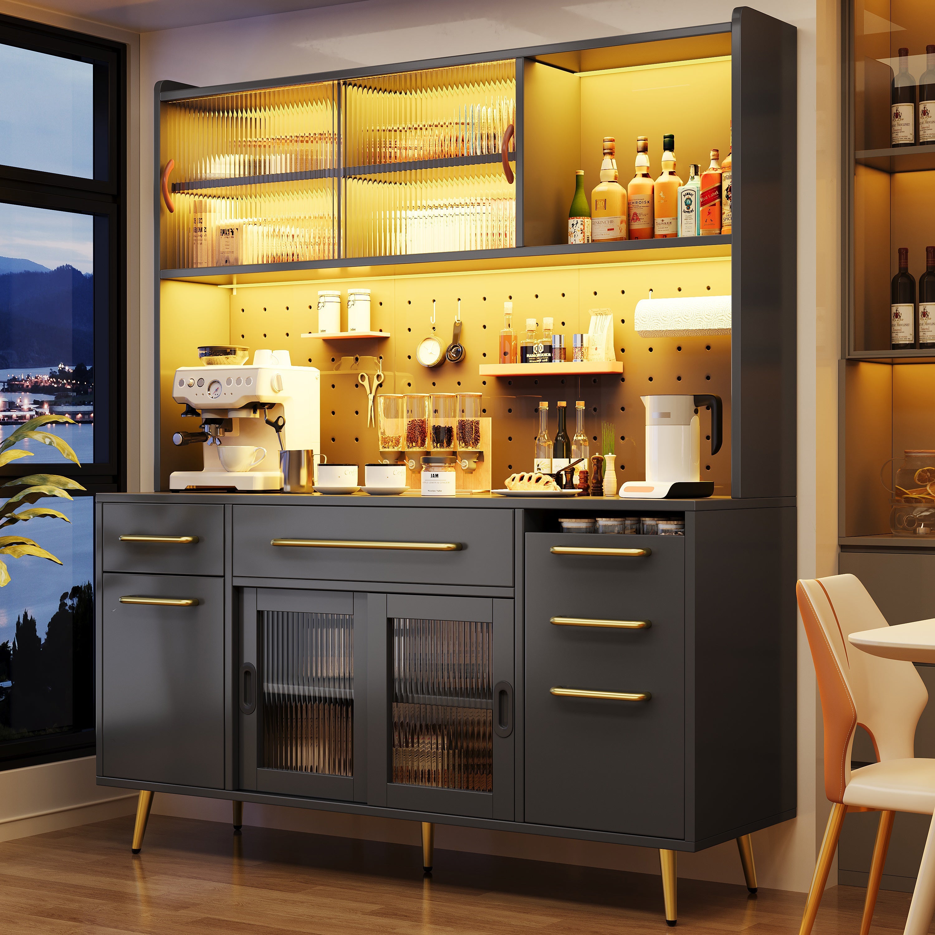 Modern Sideboard Tall Storage Cabinet with LED Lighting and Pegboard, Black