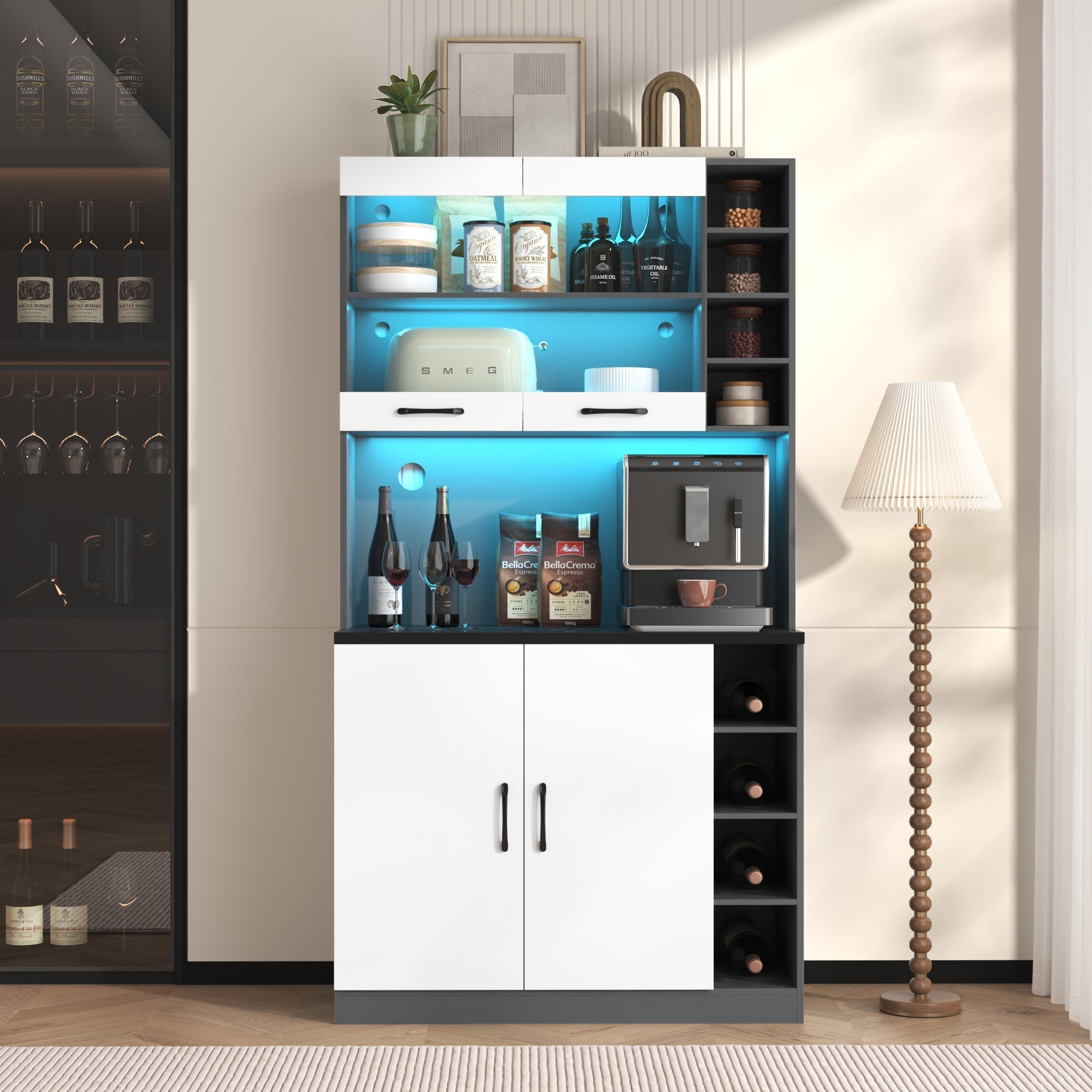 Kitchen Highboard Buffet 100x47x187cm LED Lighting Microwave Adjustable Shelves - Wooden