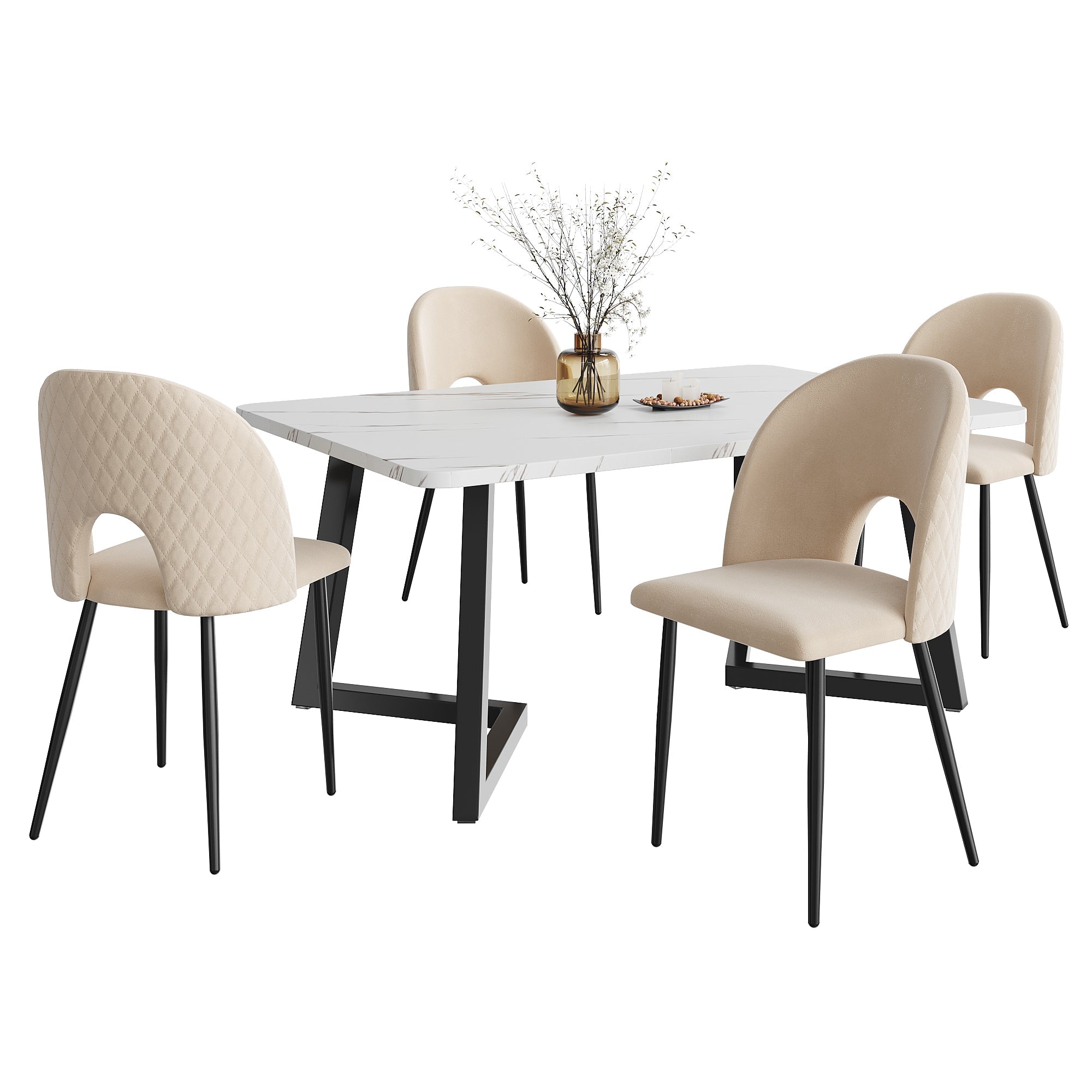 Dining Set 117x68cm Rectangular Table 4 Chairs Velvet Diamond Pattern Beige/Black