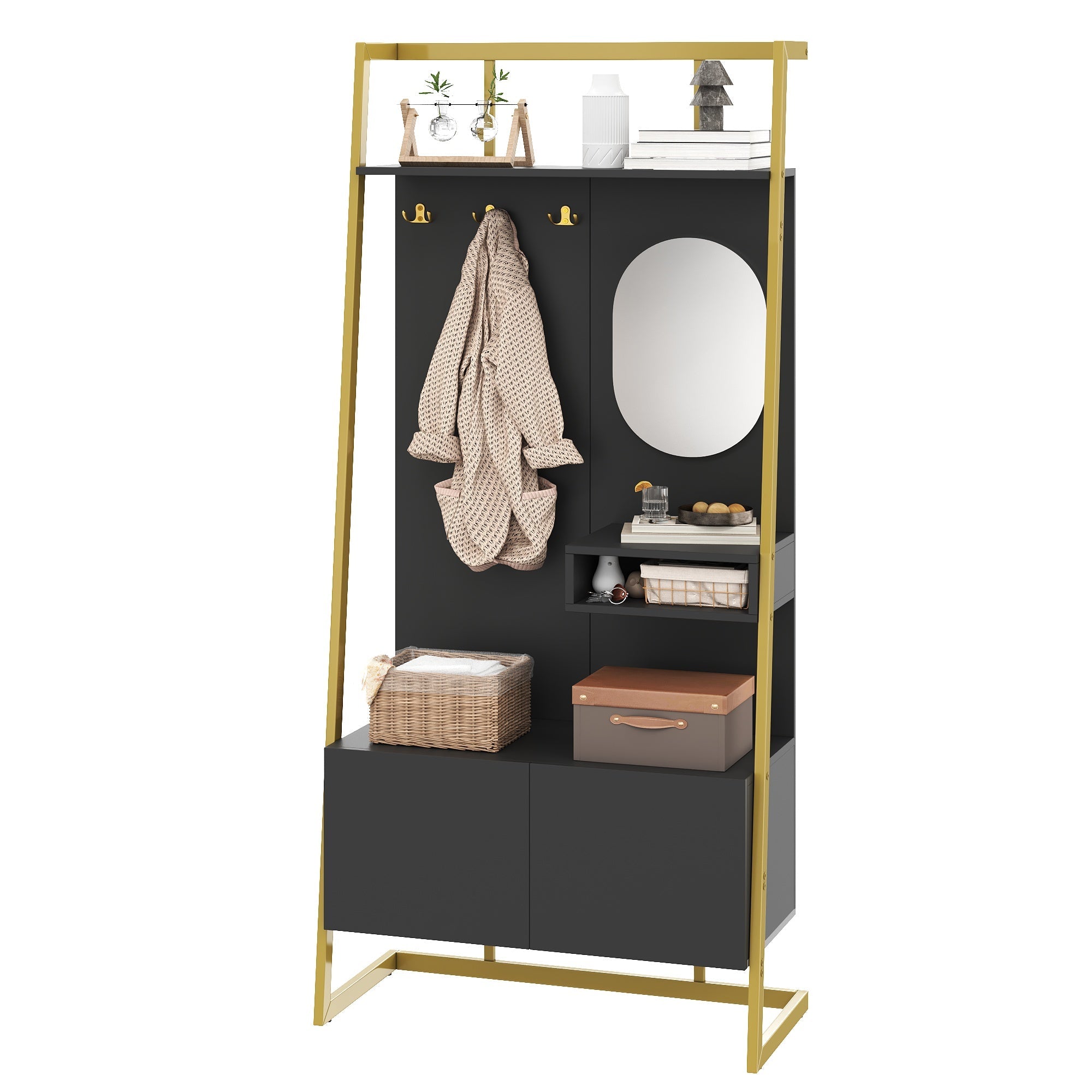 Modern Minimalist Wardrobe Compact Multifunctional Storage with Mirror & Shoe Bench, Metal Hooks
