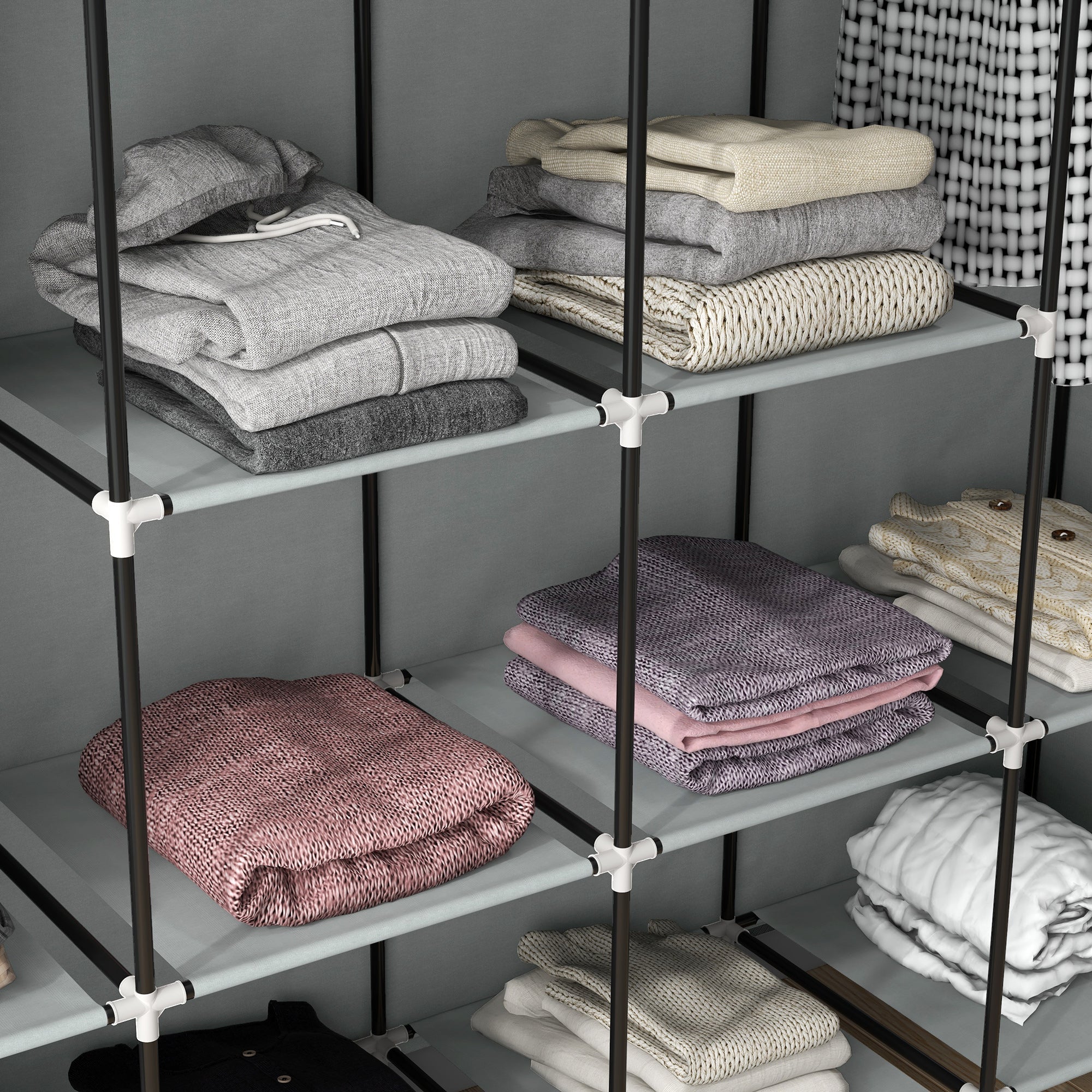 Stoffkleiderschrank, Kleiderstange 10 Fächer 4 Schubladen, Dunkelgrau