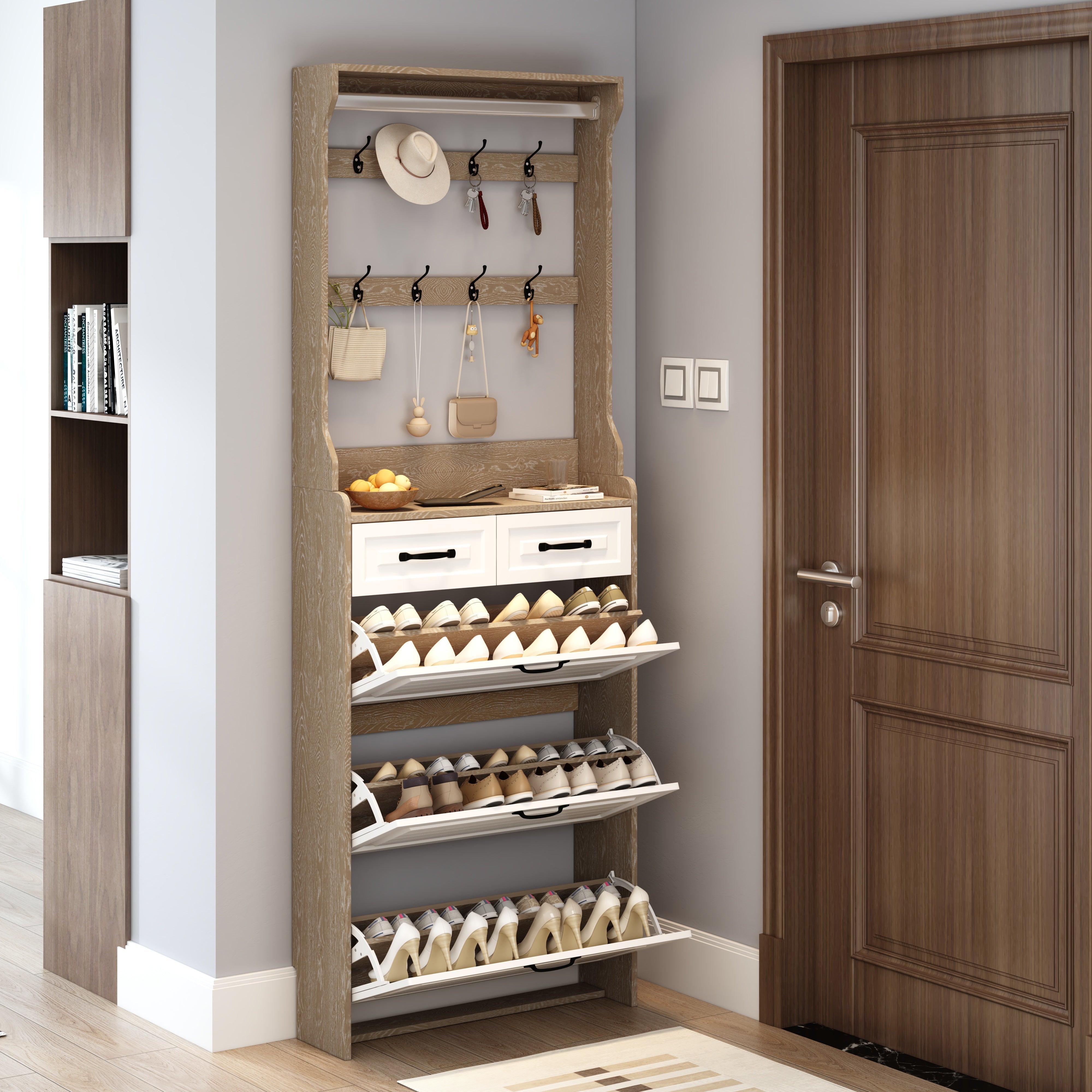 Shoe Cabinet with Hanging Rack, 3 Doors and 2 Drawers, White and Oak
