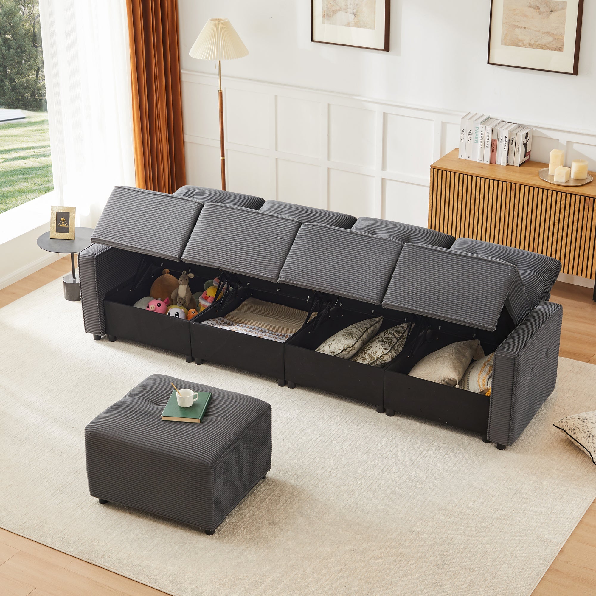 4-Seater Sofa with Storage and Ottoman, Grey Corduroy