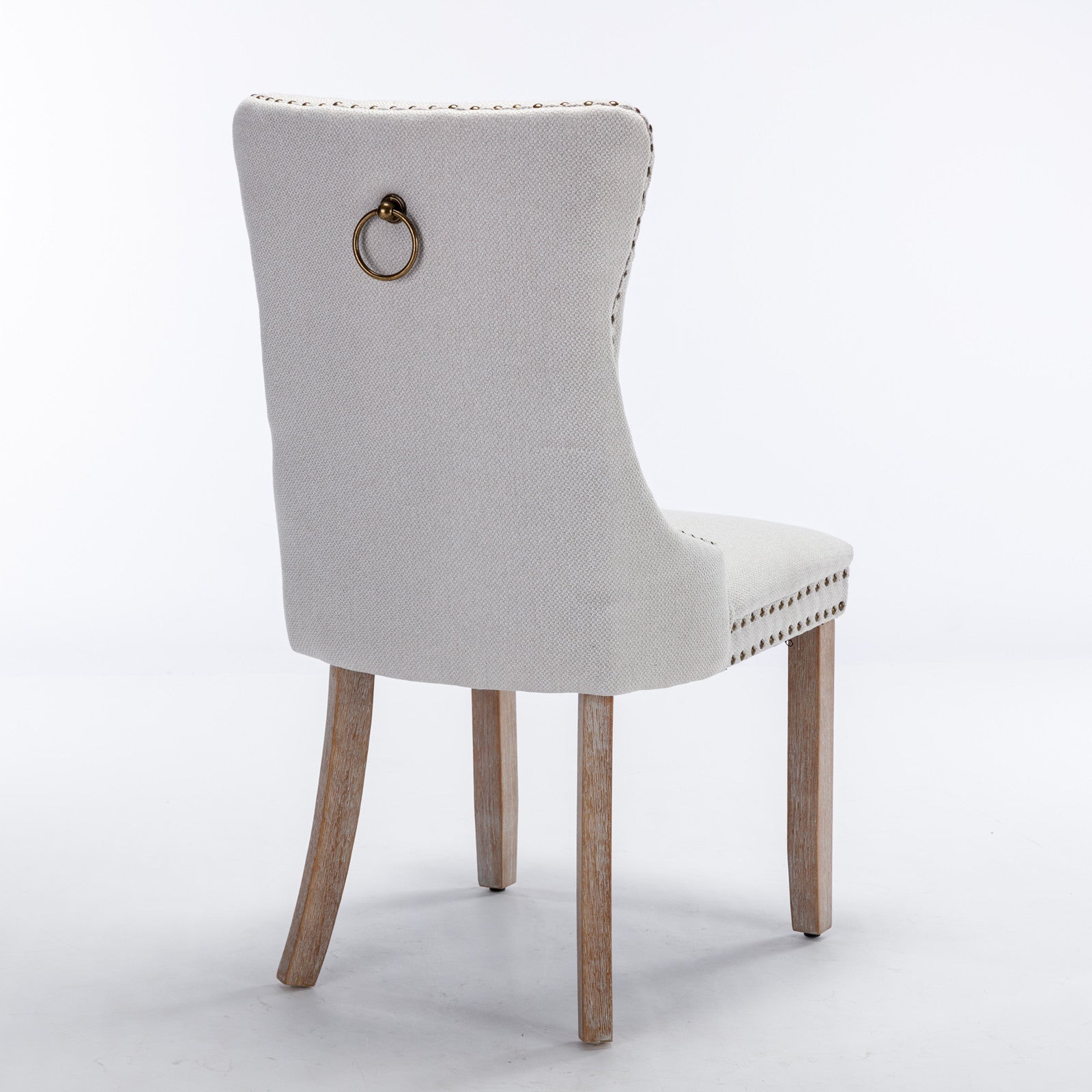 Nikki Collection Tufted Linen Dining Chair Nailhead Trim Wood Legs 2-Pcs Set - Beige - Clearance