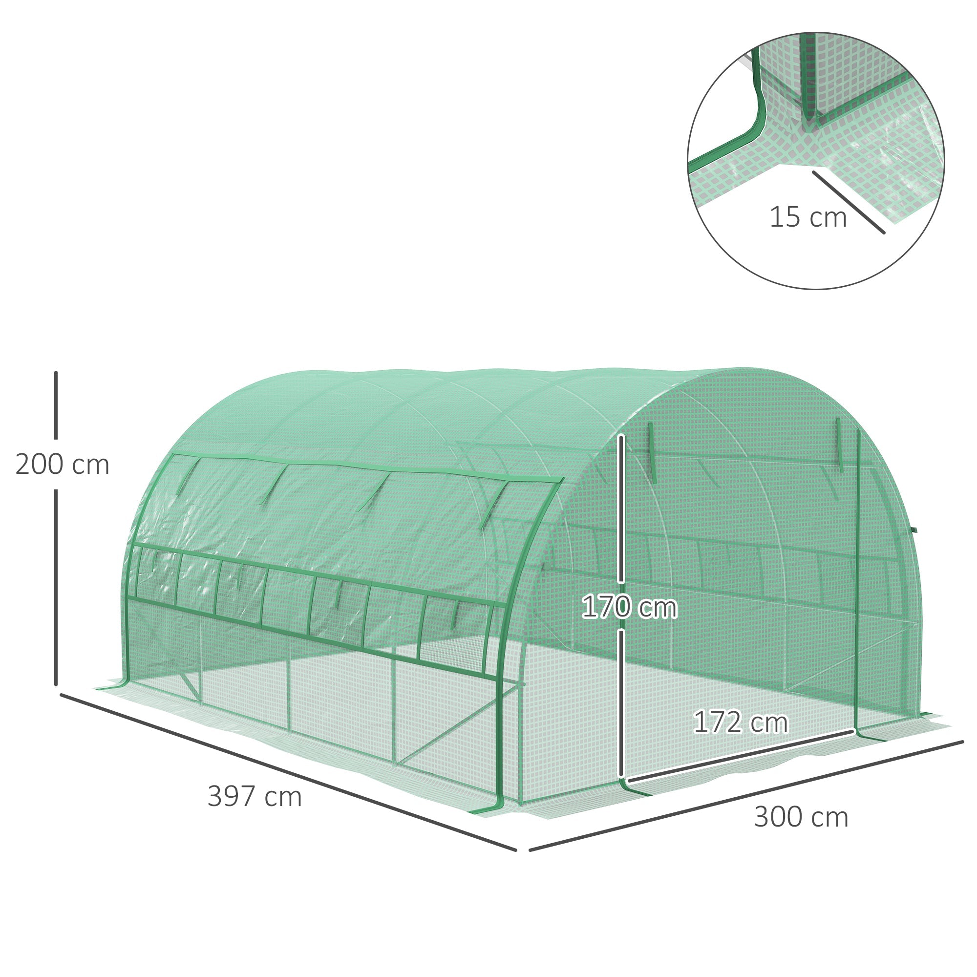 Polytunnel Foil Greenhouse 3.97x3x2m Walk-in UV Protection Roll-up Covers, Green Steel
