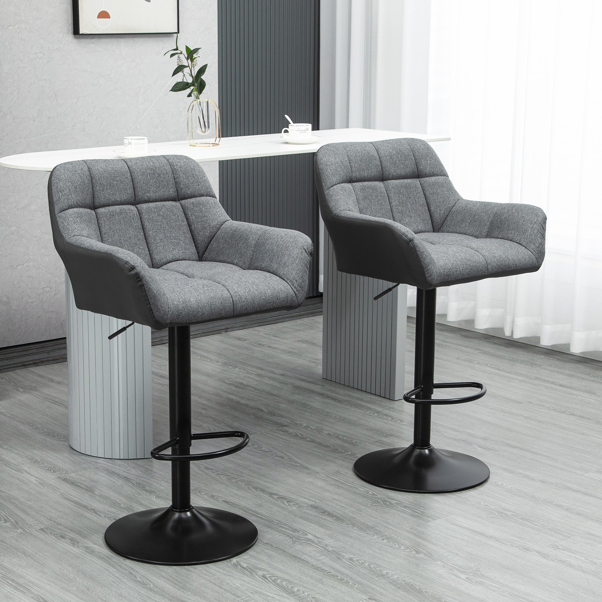 Kitchen Bar Stool Set of 2, Adjustable 360° Swivel with Backrest, Linen Look Grey