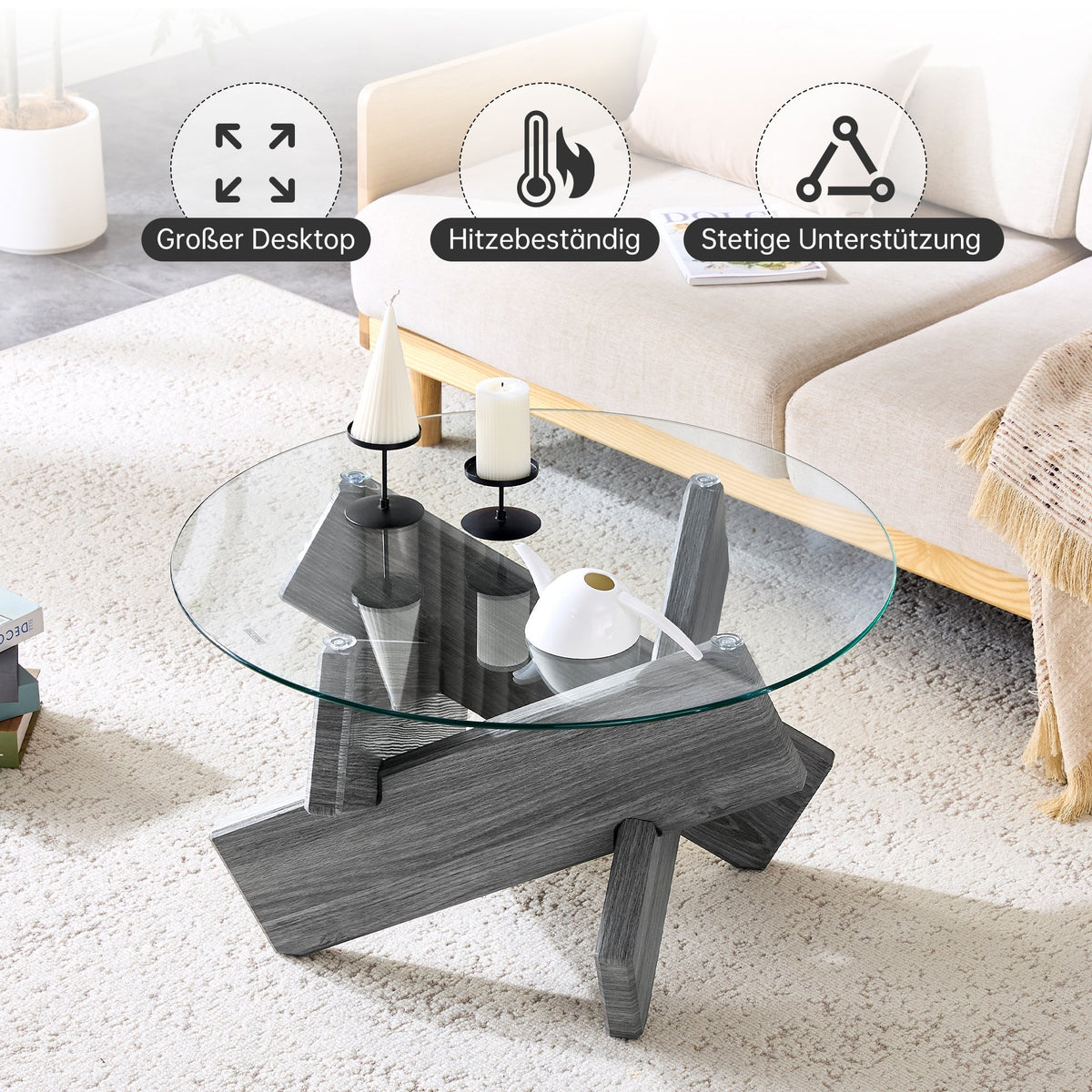 Round Coffee Table 79cm Tempered Glass Cross Legs - Gray MDF