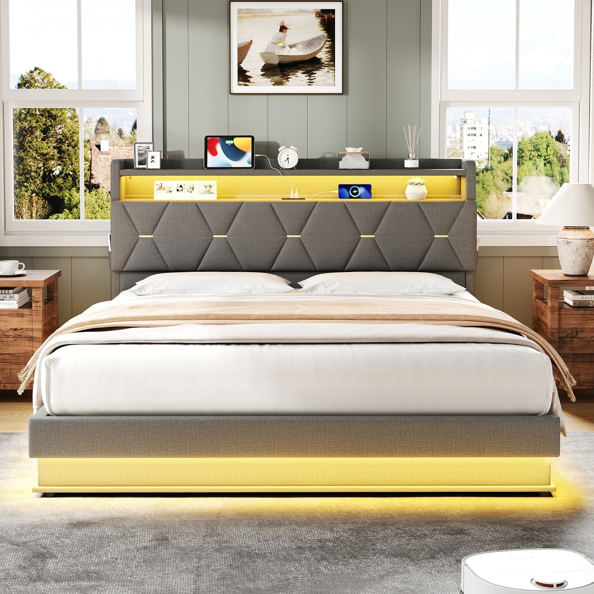 5ft King Upholstered Bed Frame with Hydraulic Storage, LED Headboard, Charging Station, USB/Type-C Ports, Linen Grey