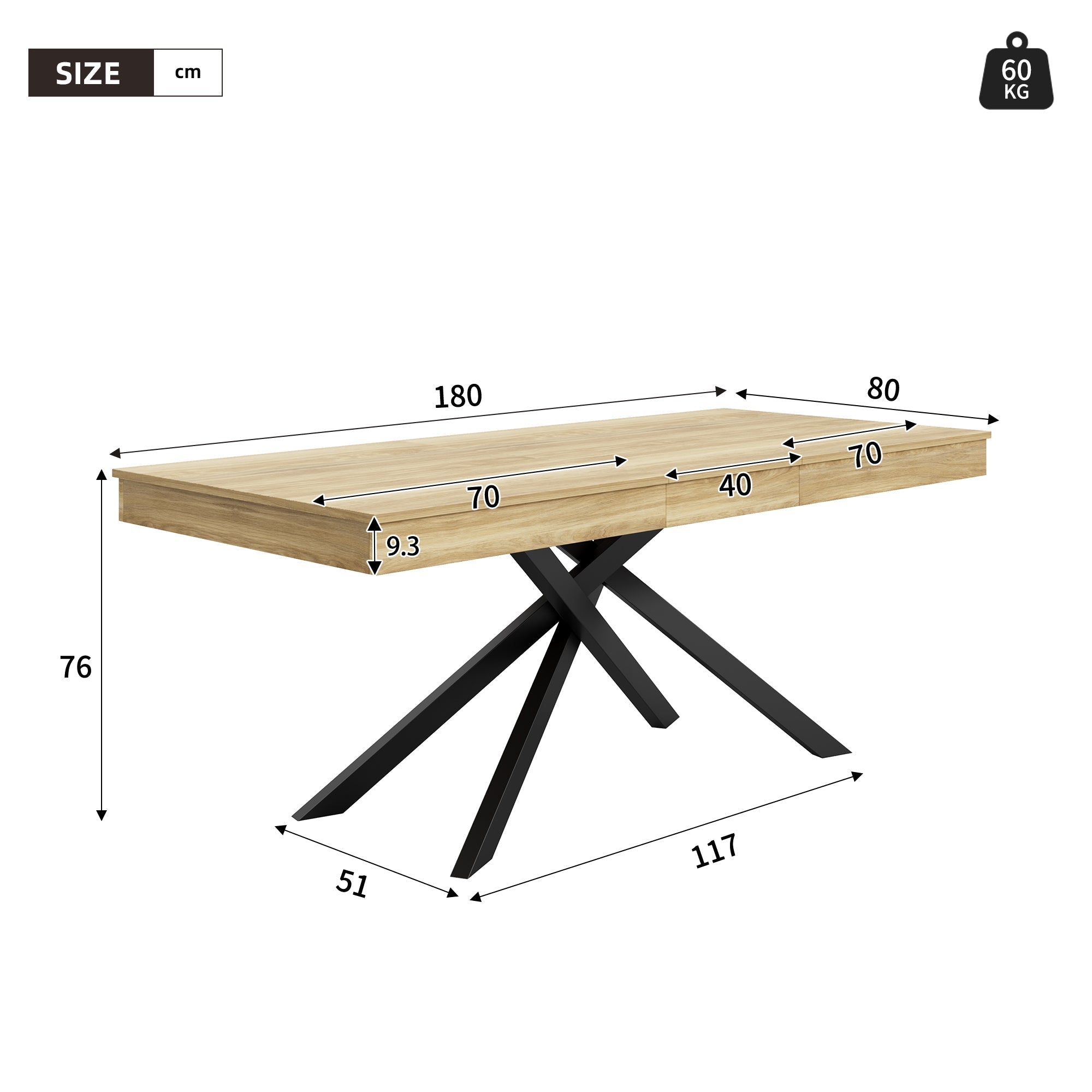 Extendable Dining Table 140/180x80cm 6-8 Person Metal Legs Oak Color