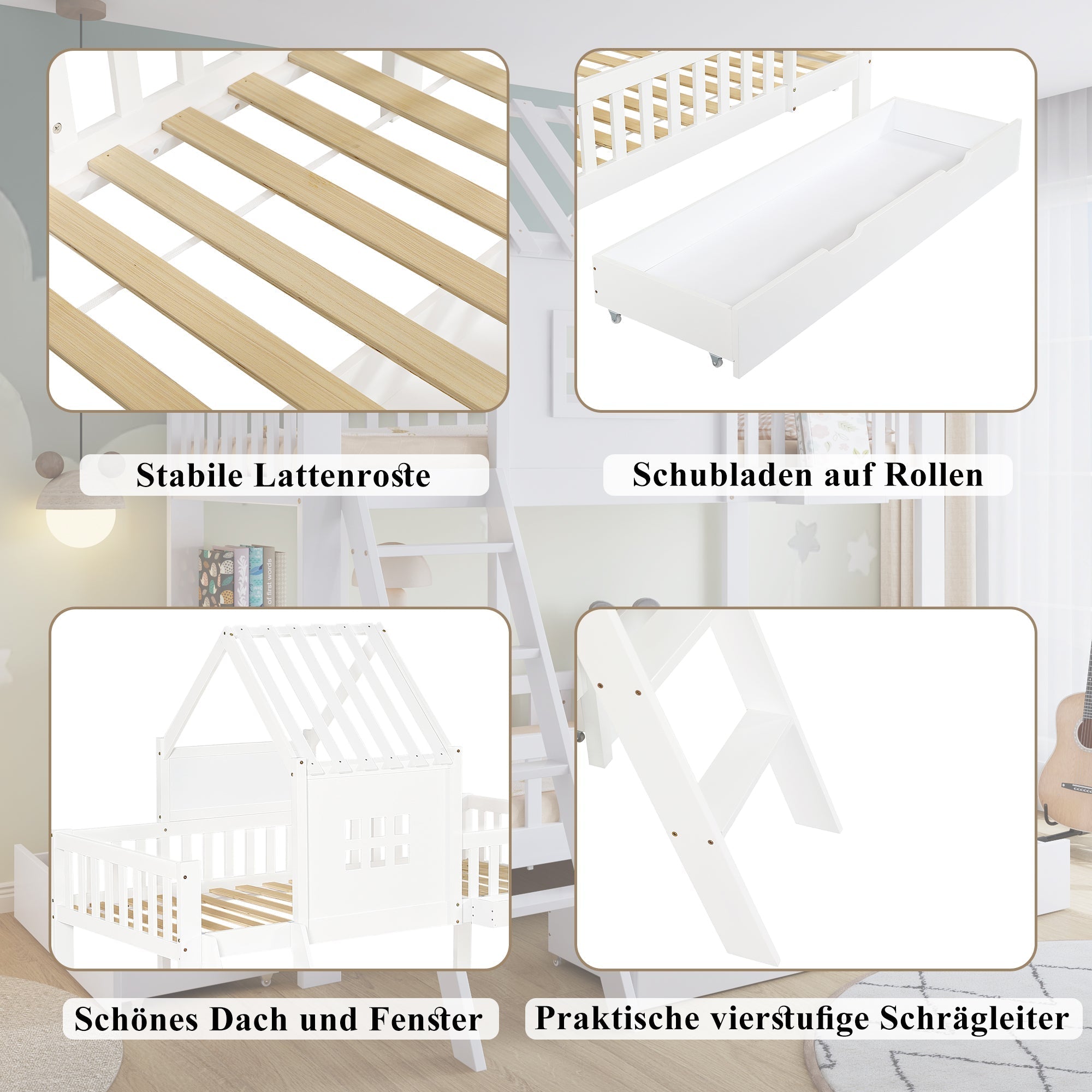 Bunk Bed, Roof & Window with Drawers, Reading Table, Storage Basket, Pine + MDF + Plywood, White