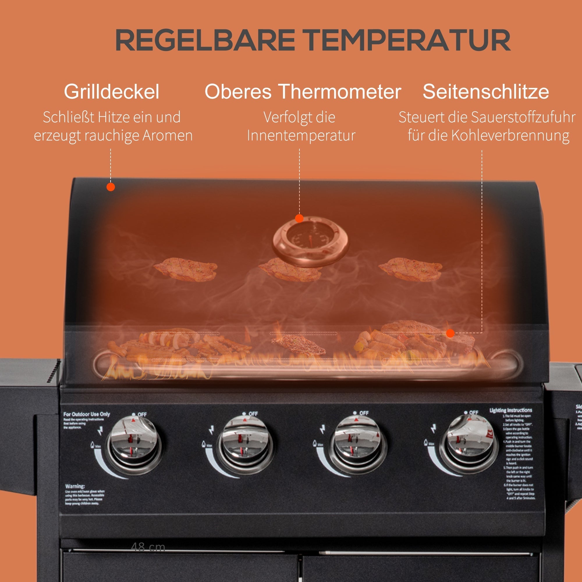 Gas BBQ Grill, 3 Burners 3kW Mobile Cart Side Tables, Metal