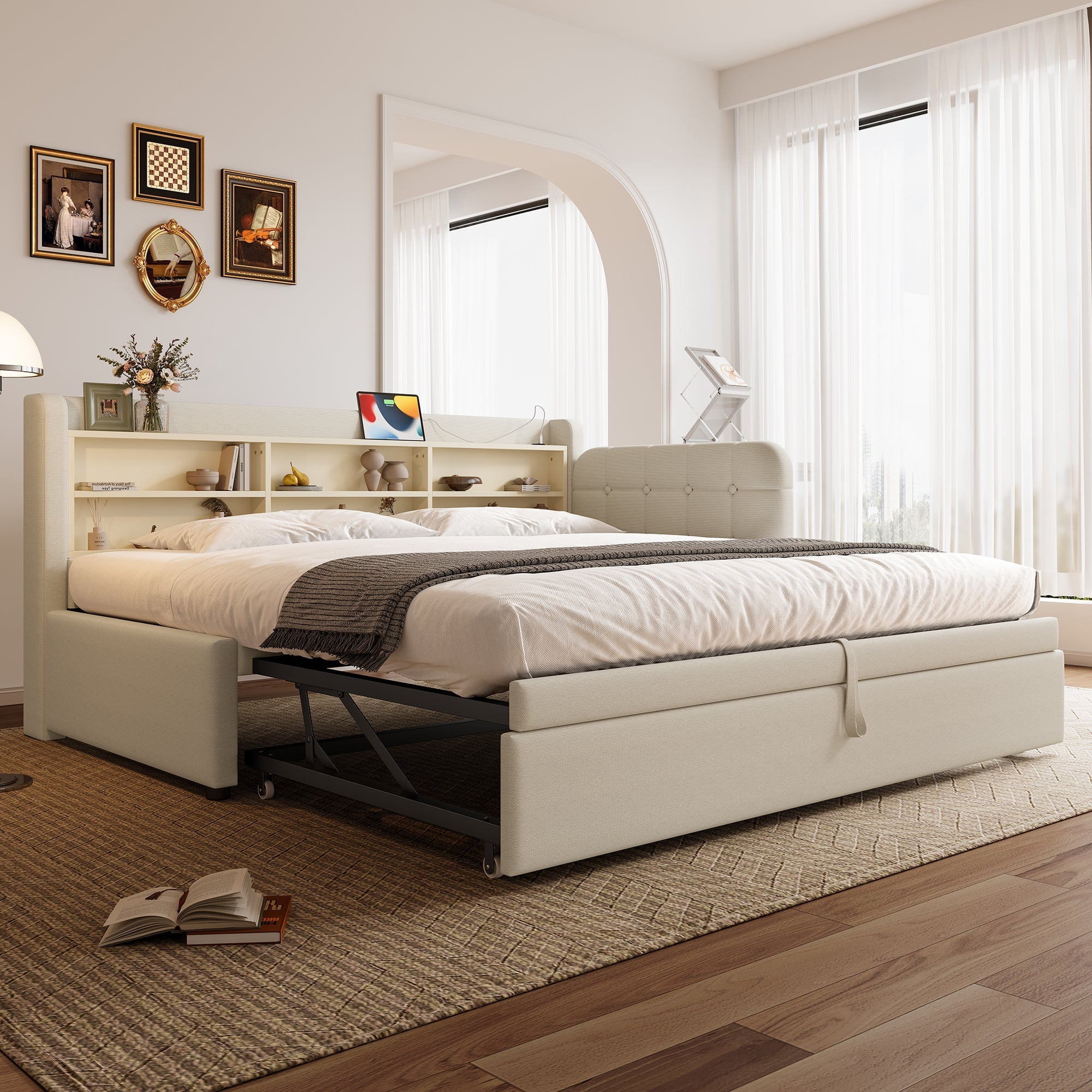 Daybed Sofa Bed 90x200cm Pull-out Bed USB/Type-C Storage Shelves - Linen Beige