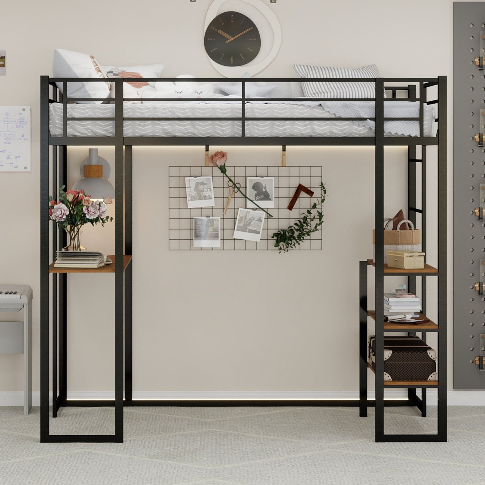 Iron Frame Bed, L-Shaped Desk, Railing & Reversible Stairs, Metal