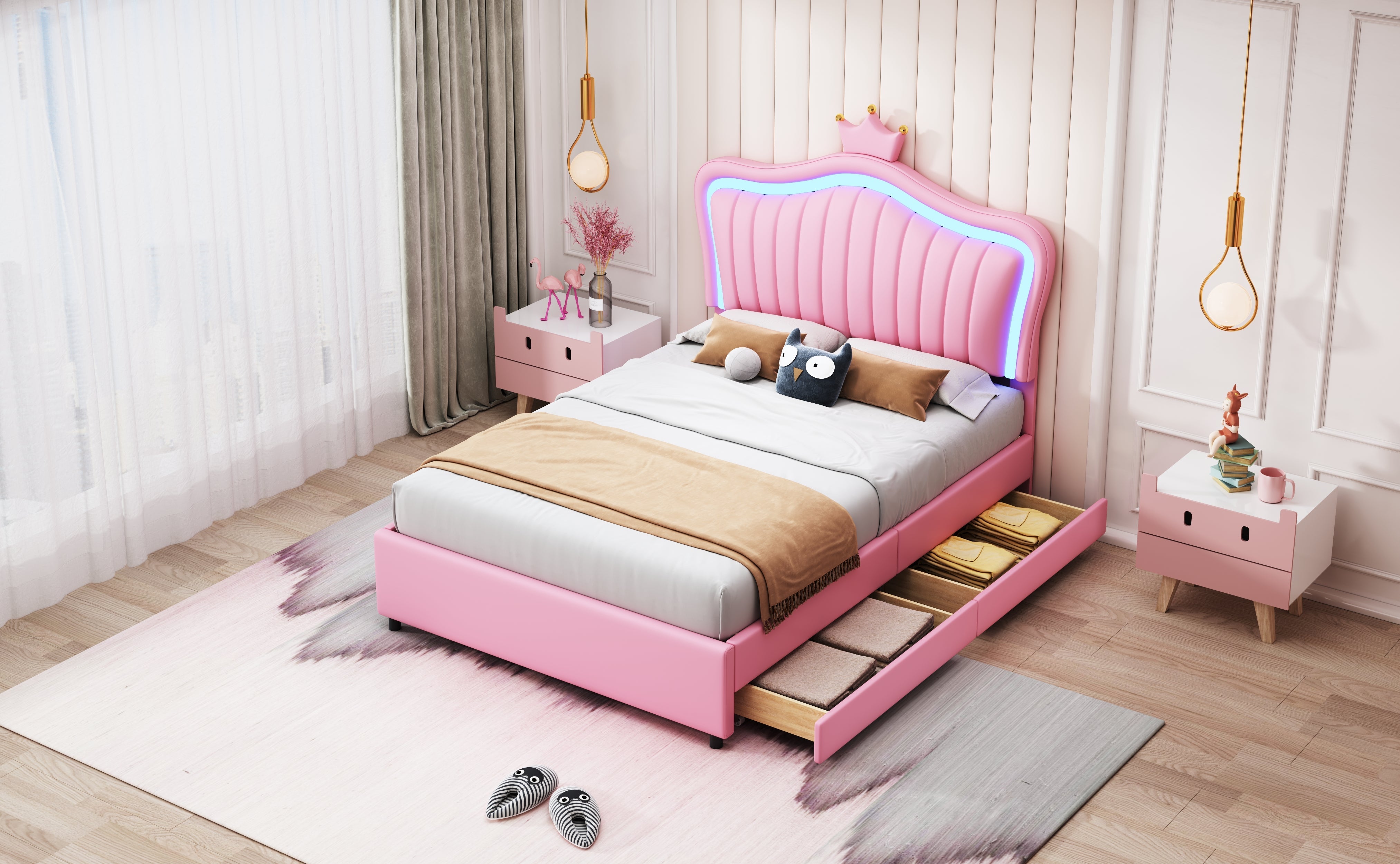 Children's Bed, Upholstered with Storage Drawers & LED Lights, Pink PU Leather