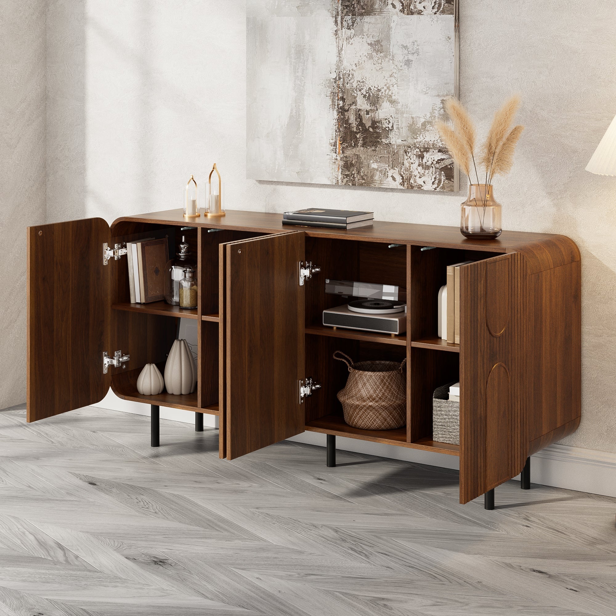 Mid-Century Sideboard with 4 Doors and 8 Compartments, Walnut Finish Wood and Metal