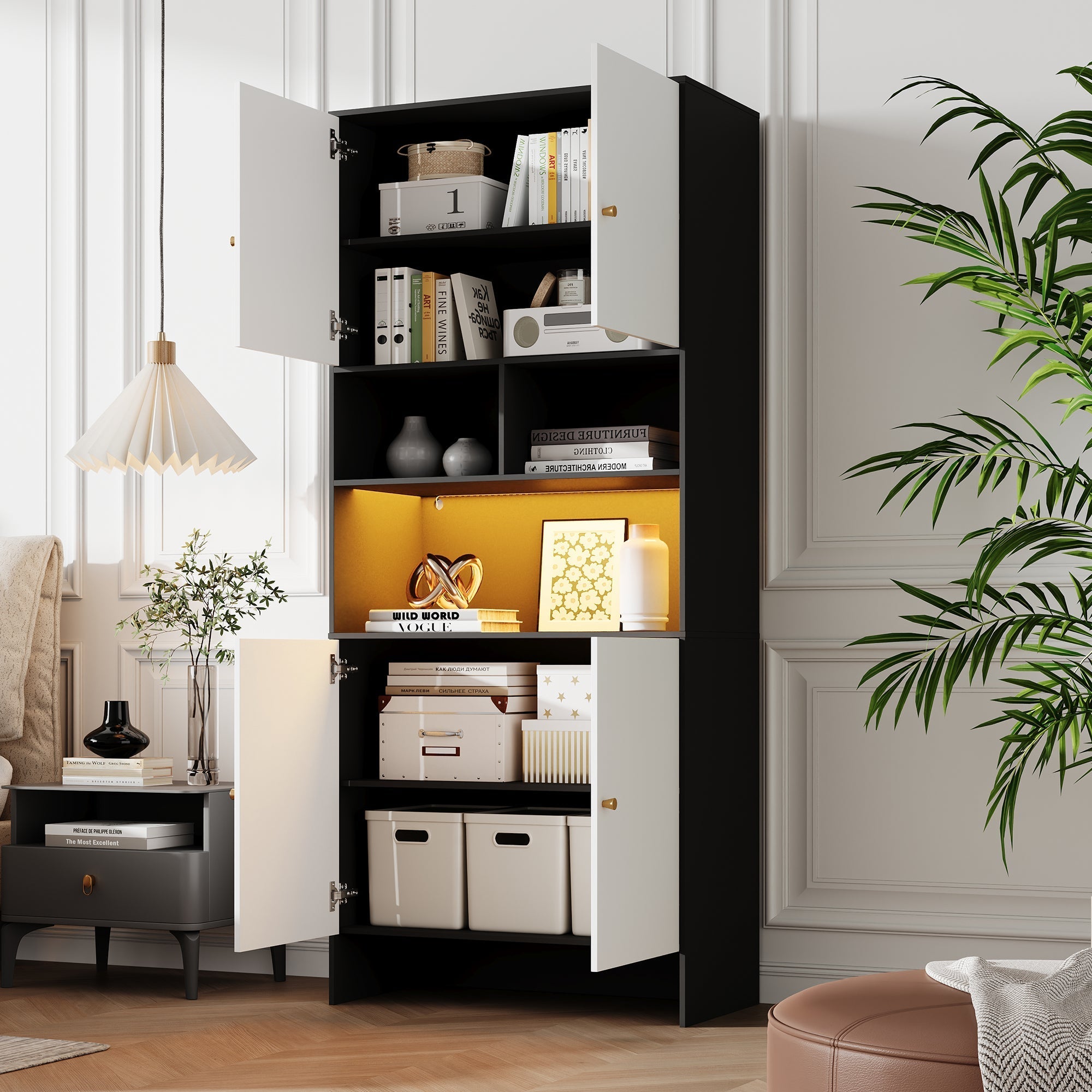 Multi-purpose Cabinet with 4 Doors and 3 Open Compartments, Black and White Wood