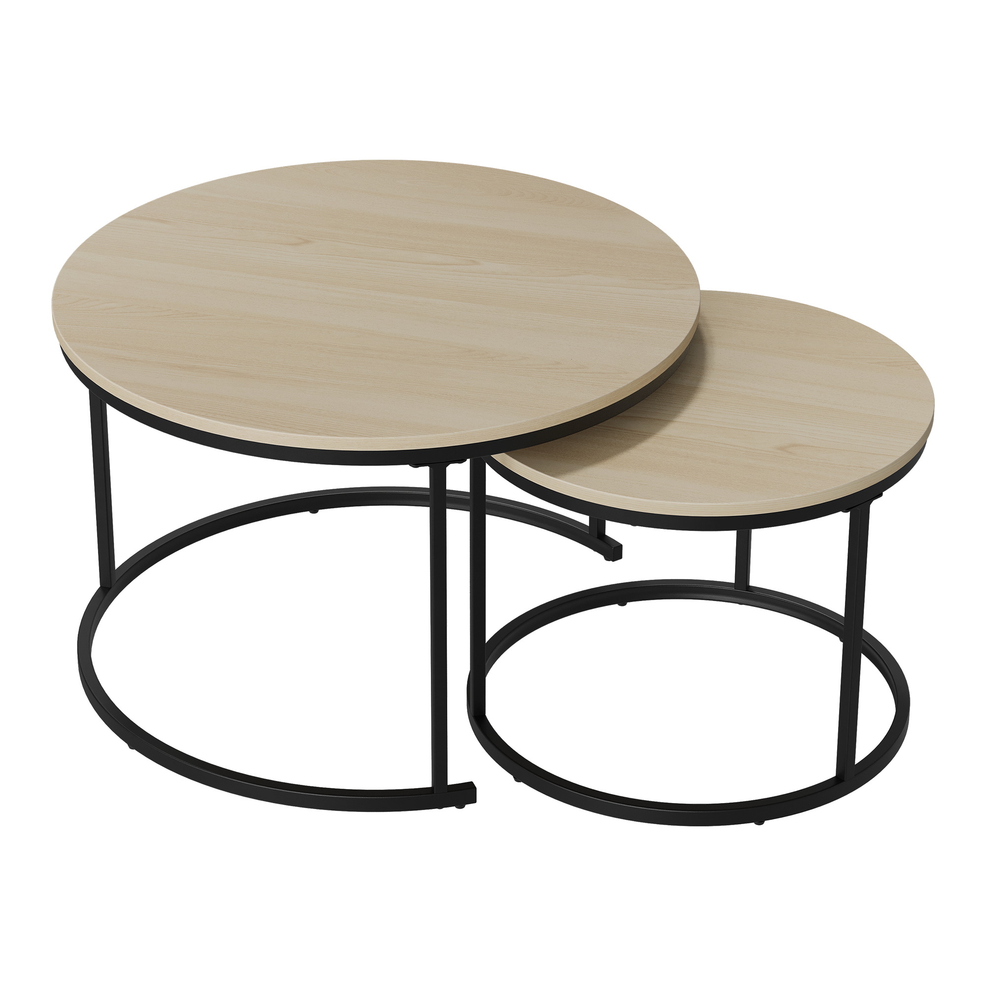 Nesting Coffee Table Set, Two-Piece Round 70cm Diameter with Metal Frame, Oak Wood Veneer
