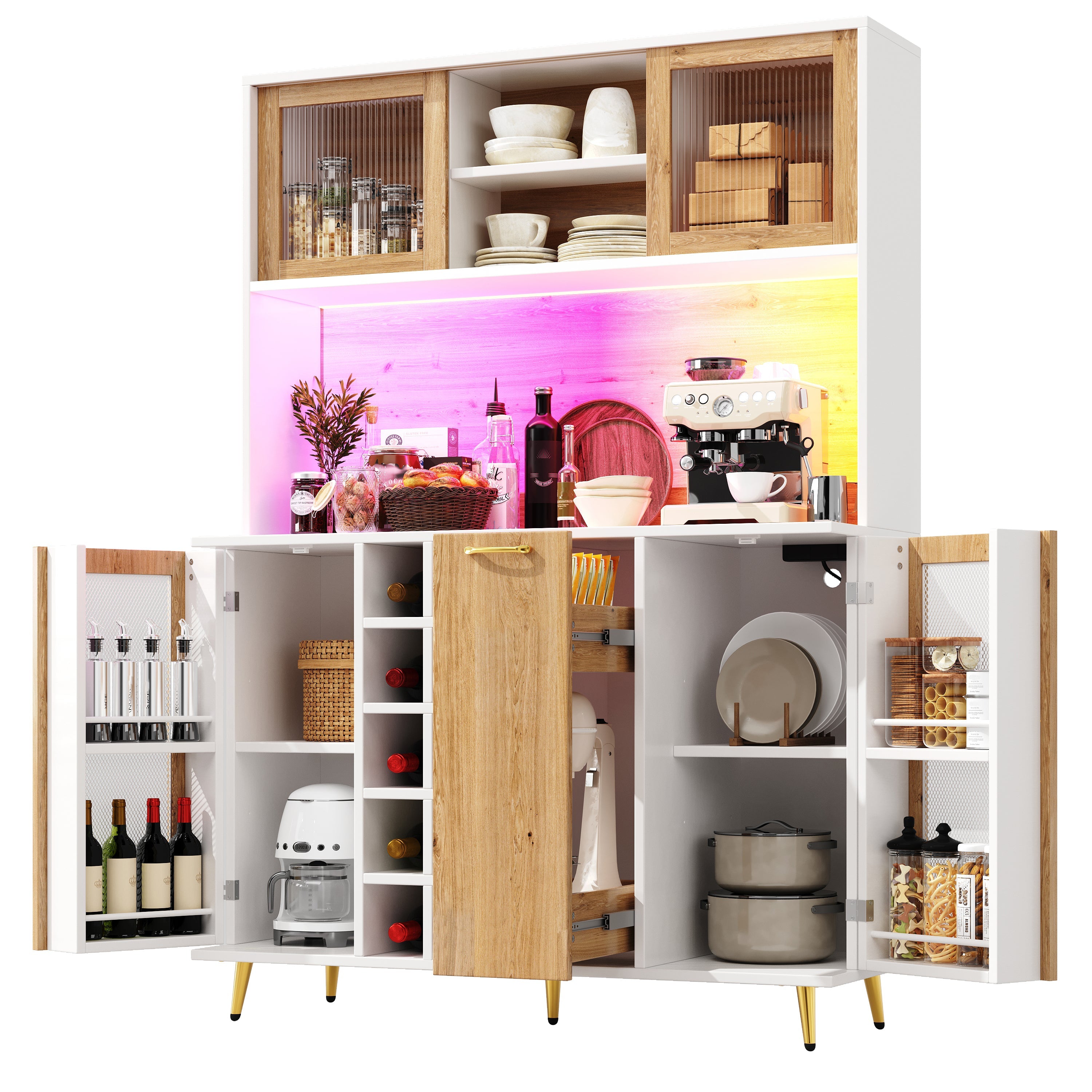 Buffet Sideboard Cabinet with LED Lighting, Wine Rack and Integrated Socket, White and Wood Look