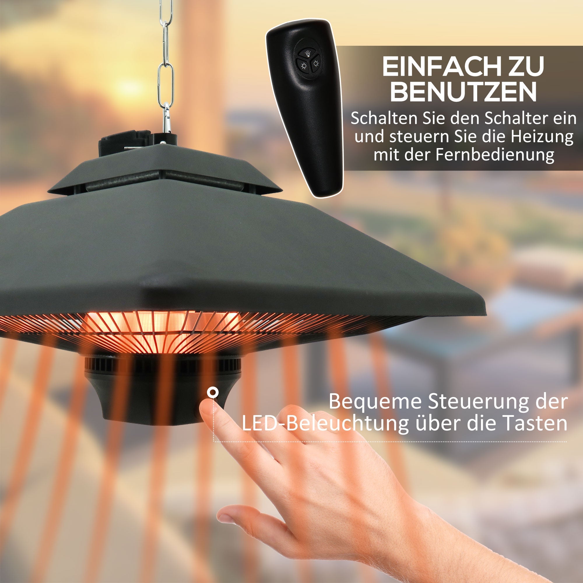 Patio Heater Ceiling Heater with Remote Control LED Lighting 2000W Black