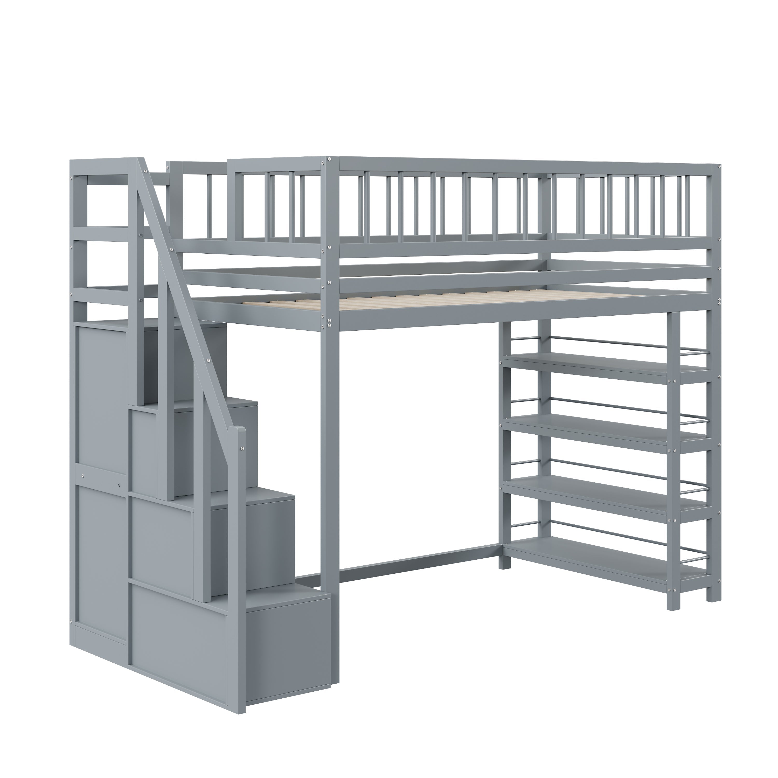 Loft Bed, 90 x 200, Wardrobe, Shelves, Storage, Safety Ladder, Solid Wood, Grey