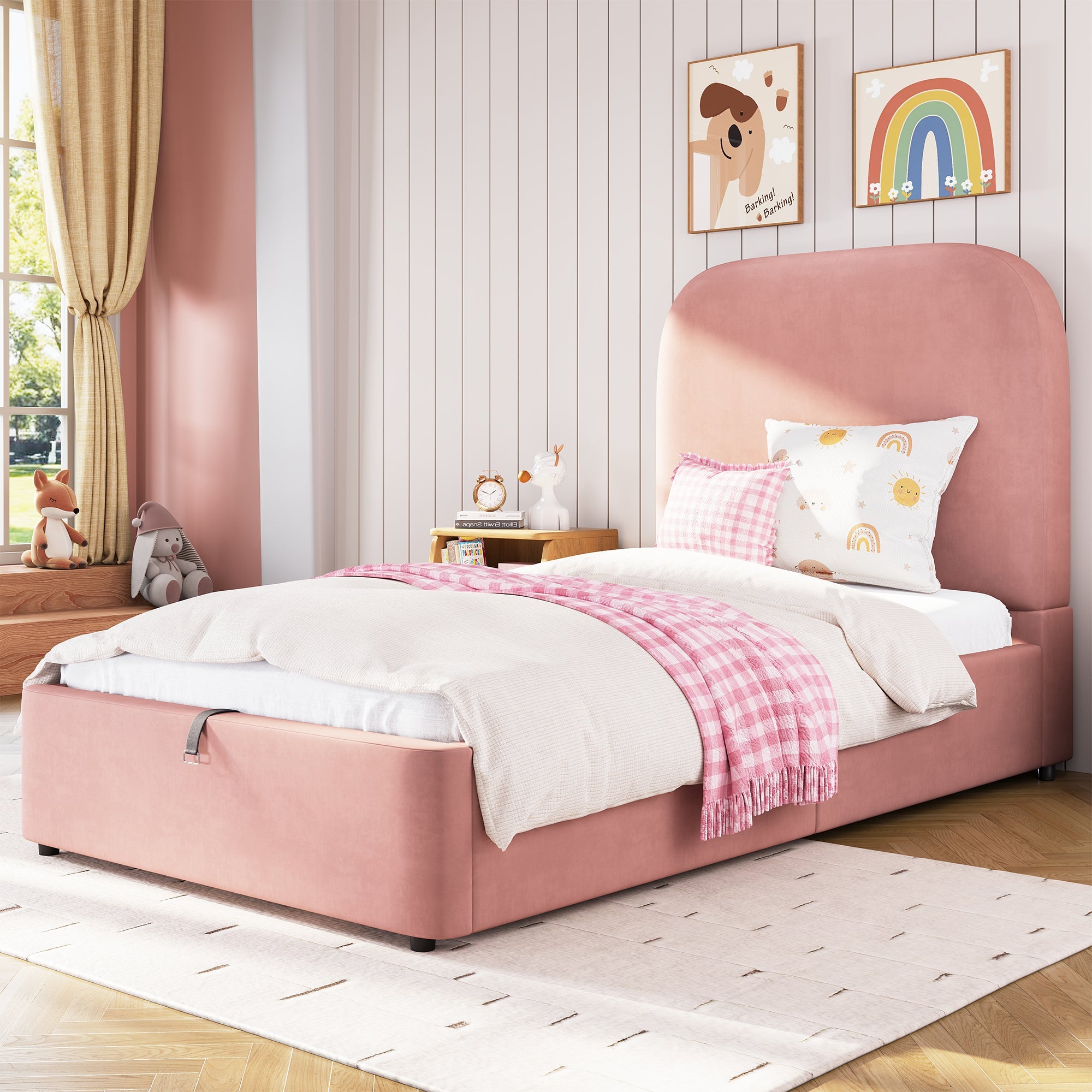 Upholstered Bed 90x200cm Hydraulic Storage Headboard, Velvet Pink
