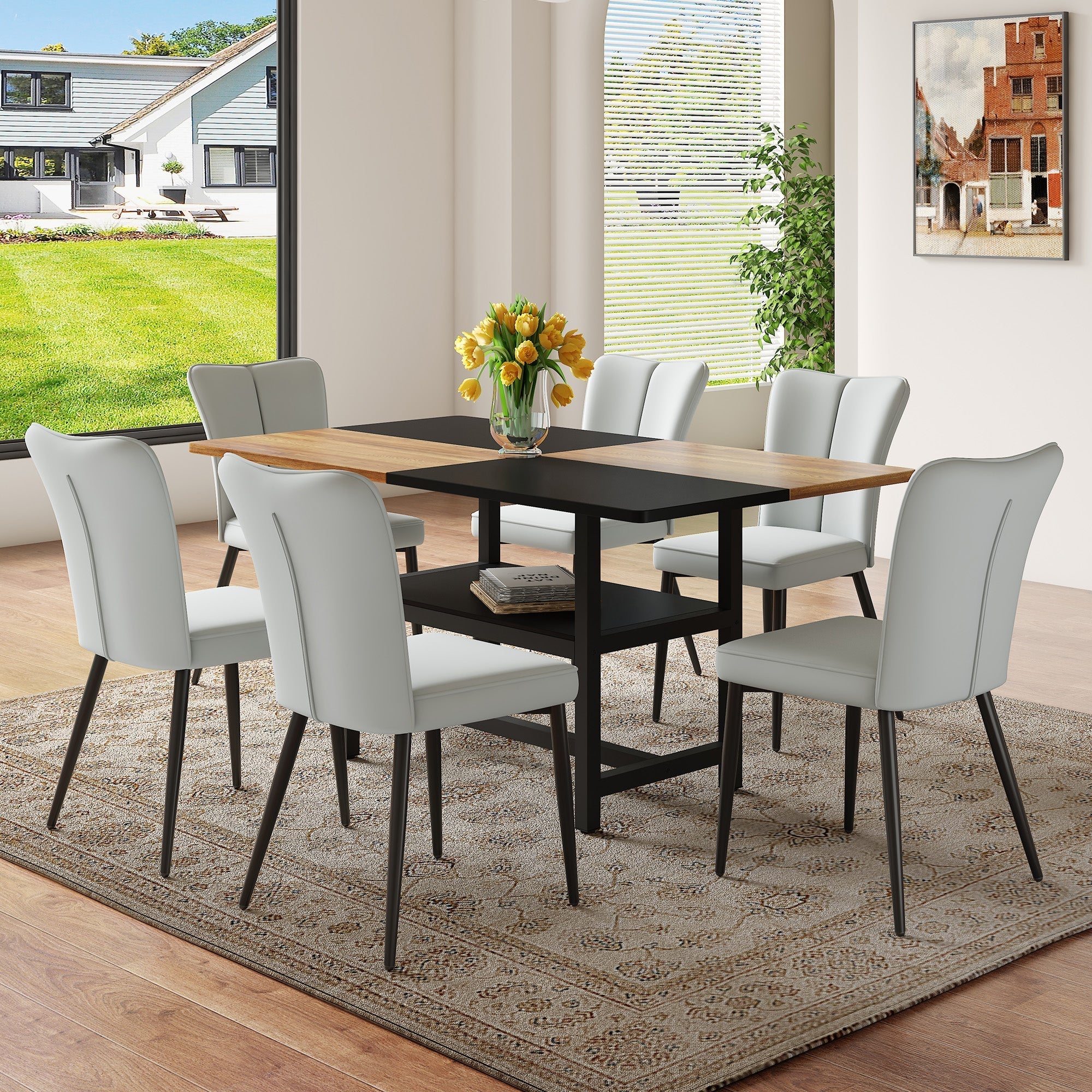 Dining Table Set 160cm Rectangular with Storage & 6 Chairs Light Grey PU Leather/Black Metal