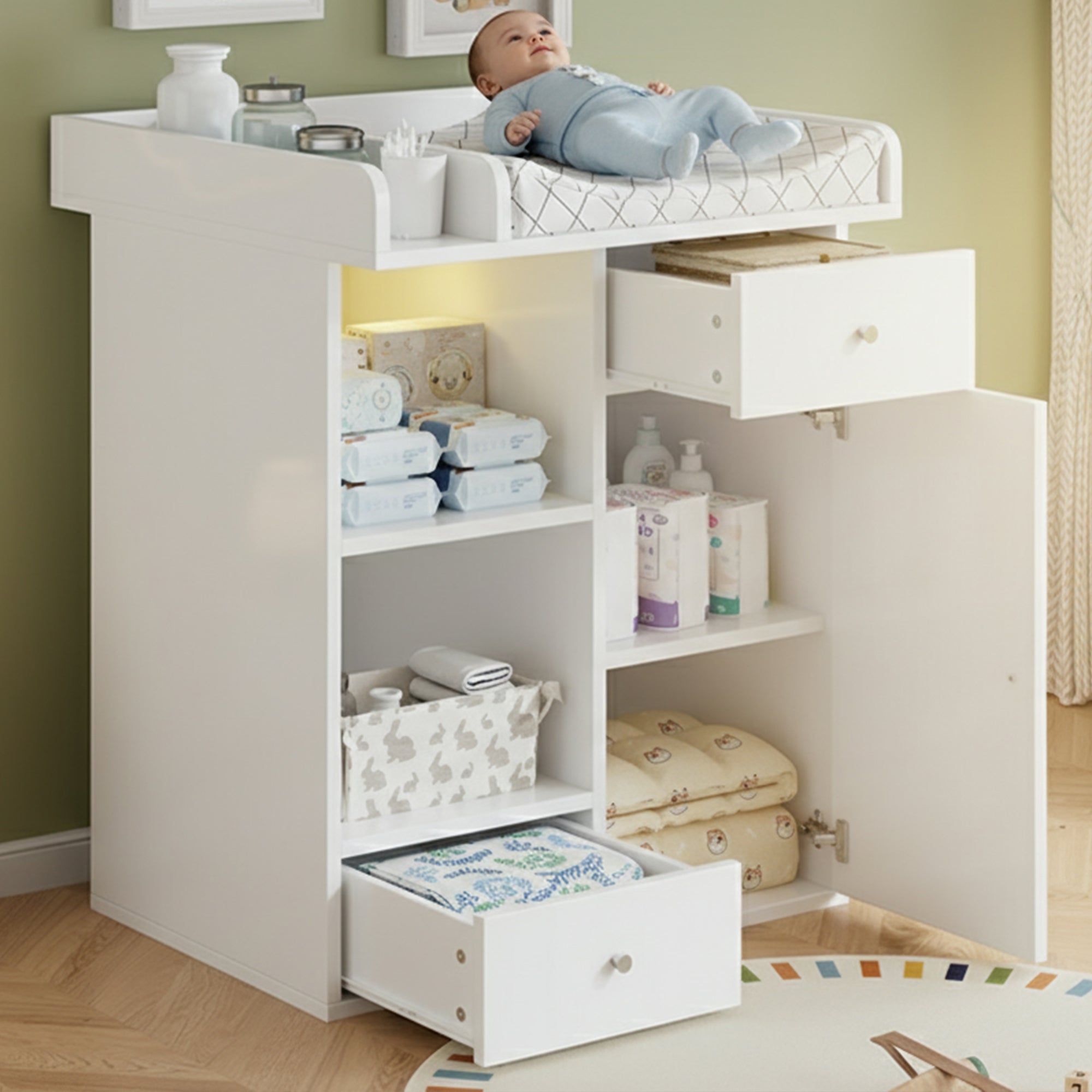 Changing Table with LED Lighting and 2 Drawers, White