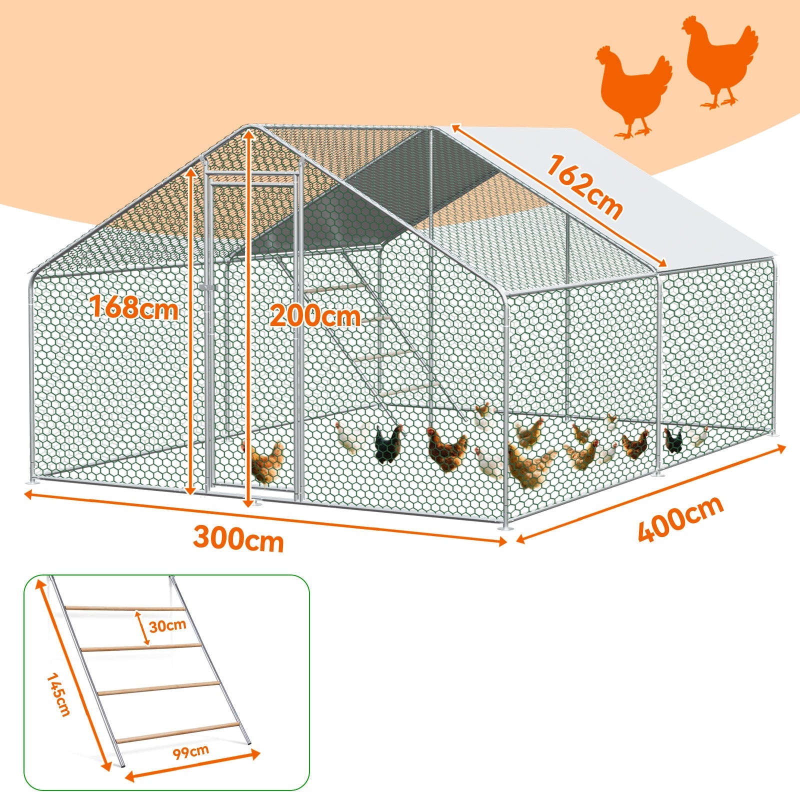 Chicken Run 3x4x2m Safety Lock Waterproof PE Cloth Metal